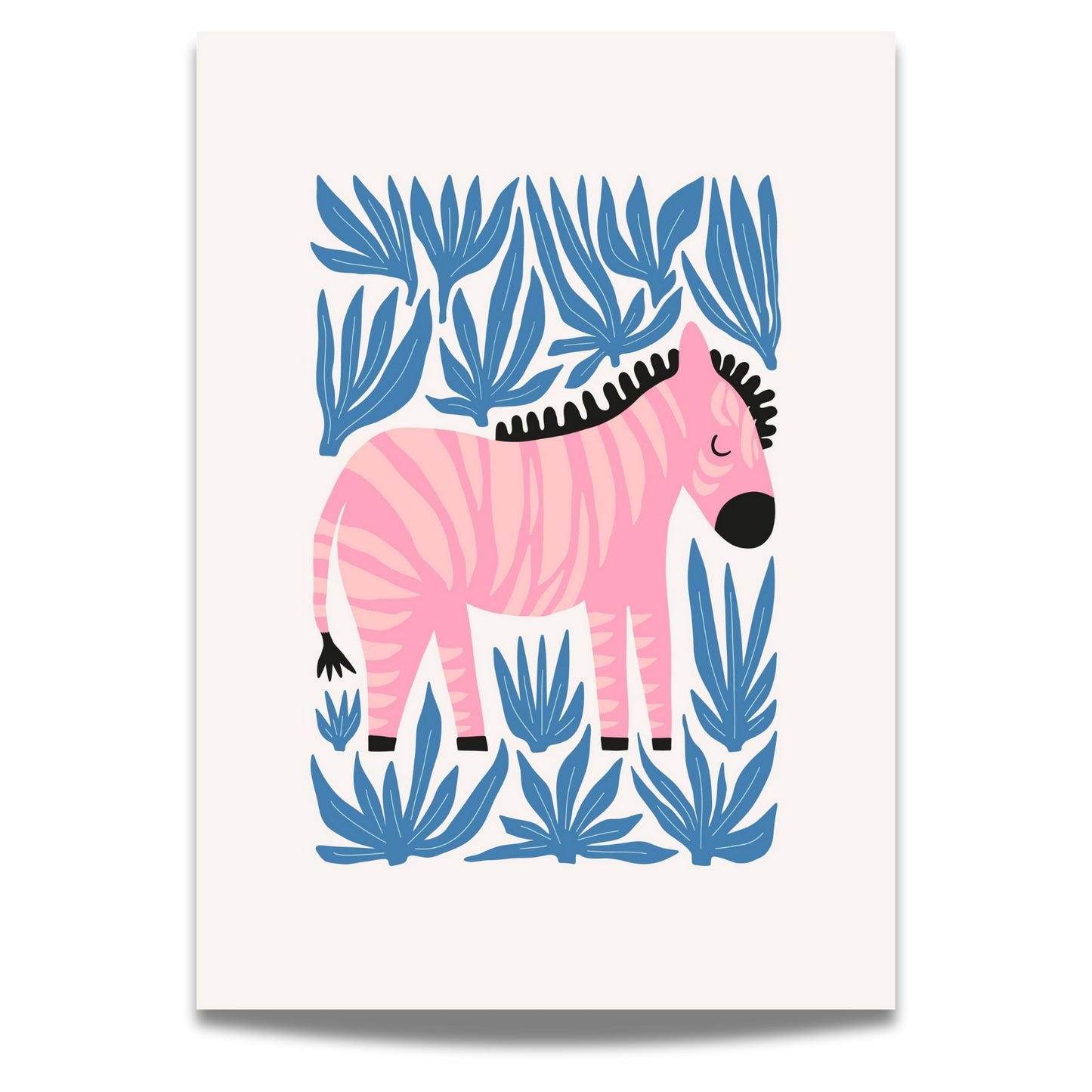 "Rosa Zebra Blått Bladverk Plakat" er en morsom og annerledes barneplakat med en søt, rosa sebra omgitt av blå blader.