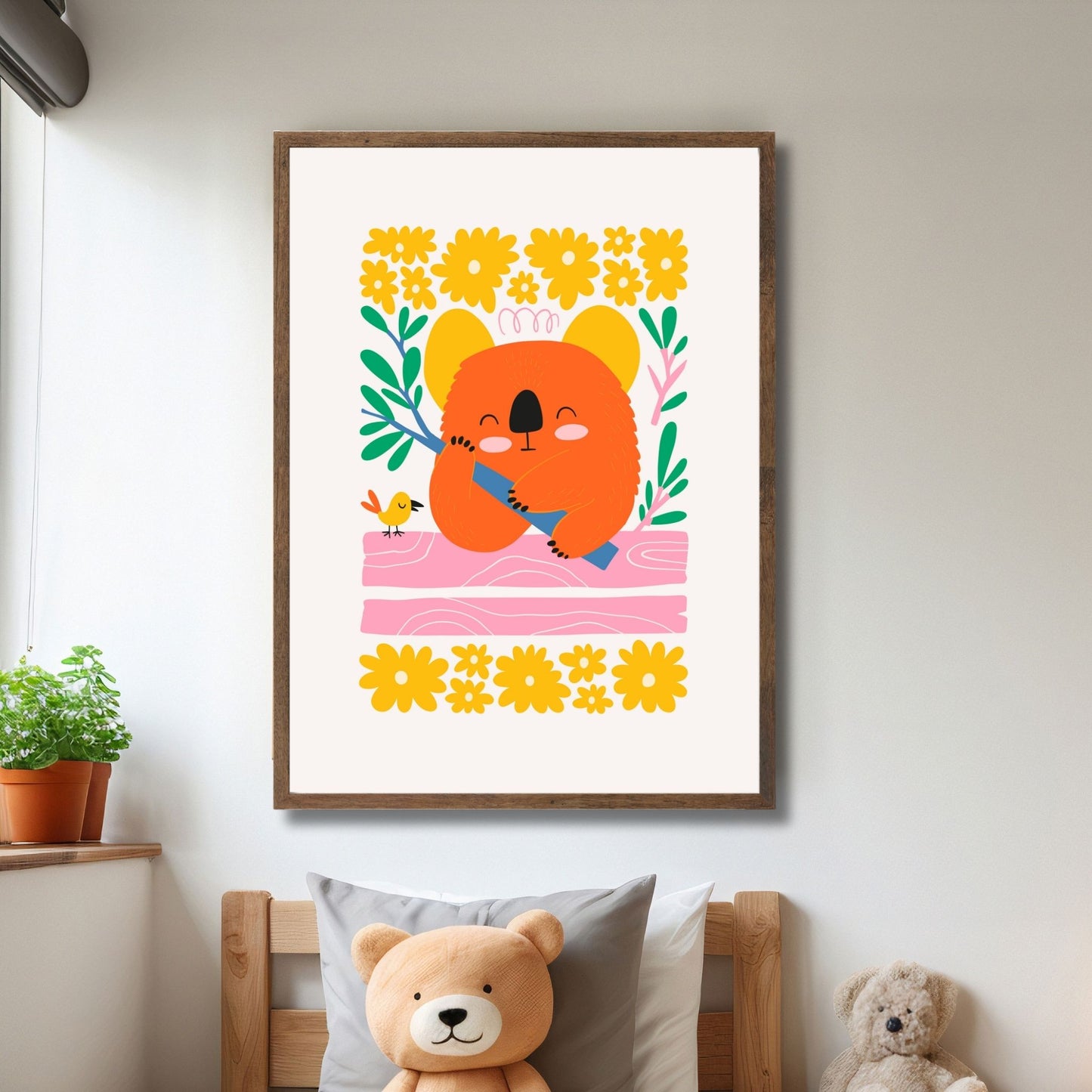 Denne søte koalaen hviler i et blomstermotiv som gir rommet en varm og trygg følelse. Perfekt for å inspirere til avslapning og ro. Illustrasjon viser plakat i ramme.