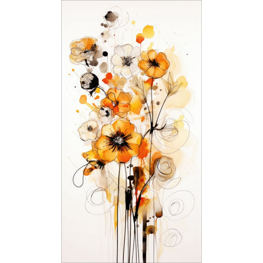 Dette grafiske kunstmaleriet fanger essensen av en blomsterbukett i varme oransje fargenyanser, plassert mot en lys bakgrunn som fremhever hver detalj.