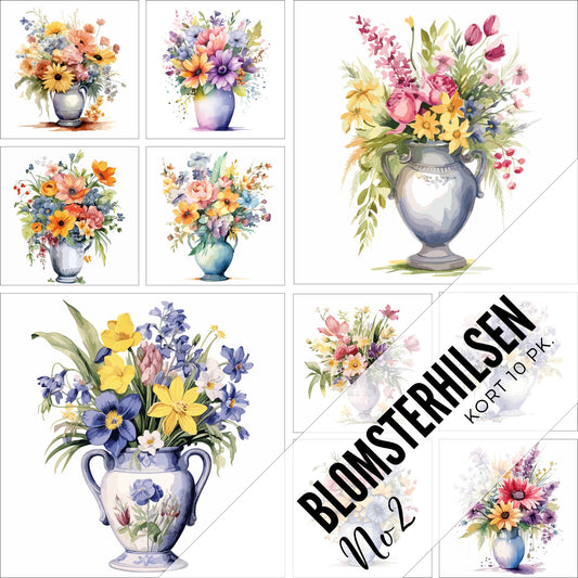 Våre "Blomsterhilsen" kort er kunstnerisk utformet med grafiske illustrasjoner i akvarell, som skildrer frodige blomsterbuketter i vase. Pakken med kort inneholder 10 ulike motiver, noe som gjør dem ideelle for alt fra bursdagskort til takkekort.