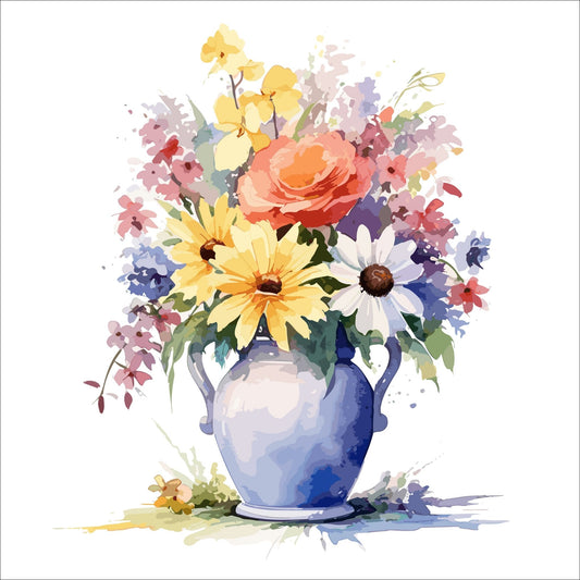 Vår "Blomster i vase" plakat og lerret er kunstnerisk utformet med grafiske illustrasjoner i akvarell, som skildrer en fargerik blomsterbukett i vase.  