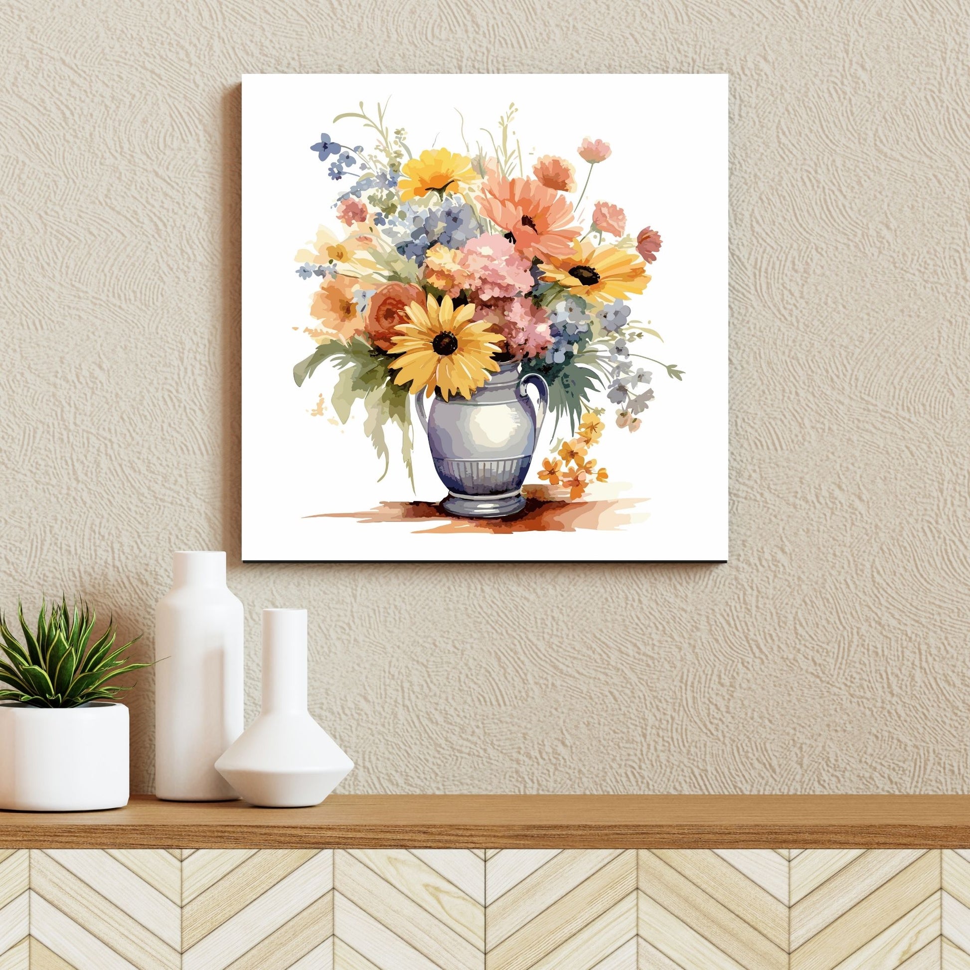 Vår "Blomster i vase" plakat og lerret er kunstnerisk utformet med grafiske illustrasjoner i akvarell, som skildrer en fargerik blomsterbukett i vase.  Illustrasjonen viser motivet på lerret.