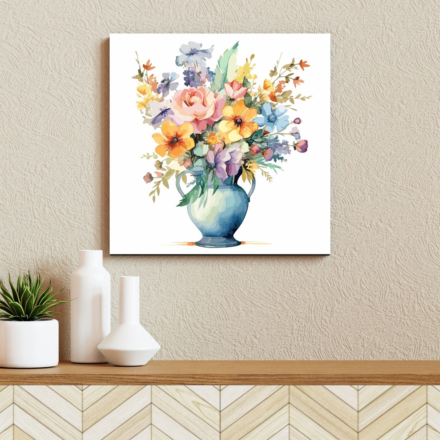 Vår "Blomster i vase" plakat og lerret er kunstnerisk utformet med grafiske illustrasjoner i akvarell, som skildrer en fargerik blomsterbukett i vase.  Illustrasjonen viser motivet på lerret.