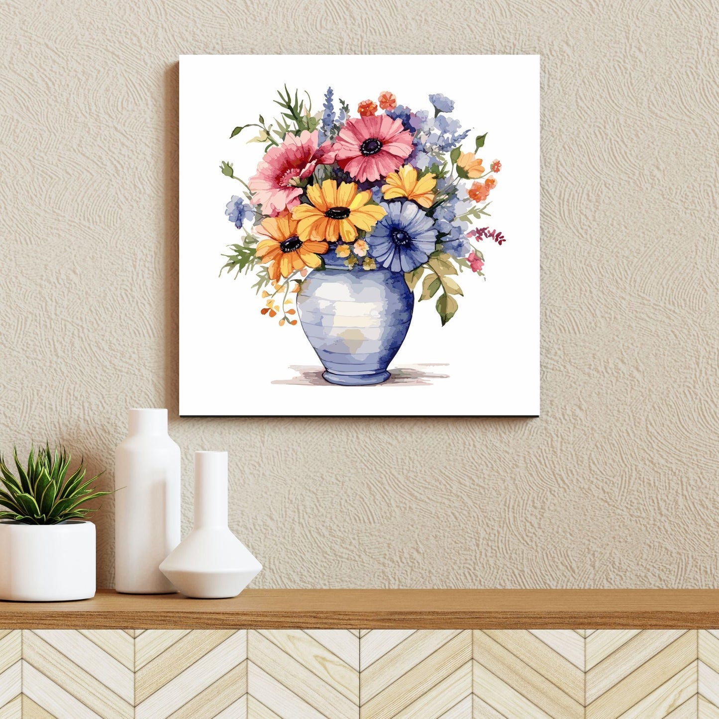 Vår "Blomster i vase" plakat og lerret er kunstnerisk utformet med grafiske illustrasjoner i akvarell, som skildrer en fargerik blomsterbukett i vase.  Illustrasjonen viser motivet på lerret.