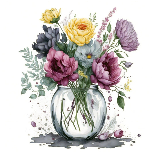 Vår "Blomster i vase" plakat og lerret er kunstnerisk utformet med grafiske illustrasjoner i akvarell, som skildrer en fargerik blomsterbukett i vase.  