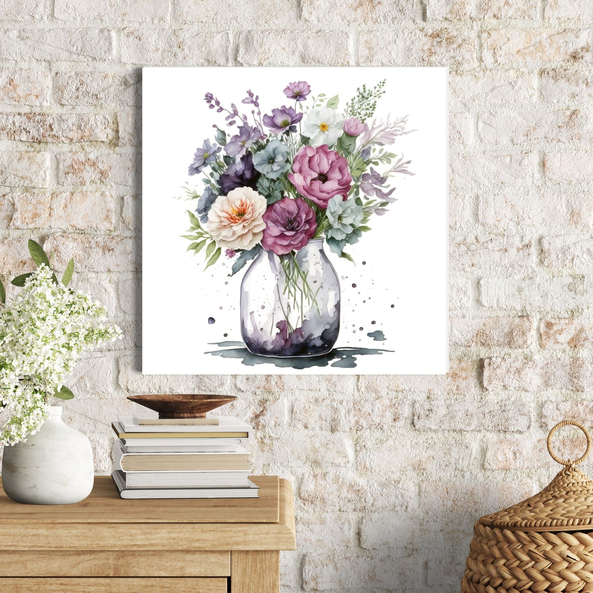 Vår "Blomster i vase" plakat og lerret er kunstnerisk utformet med grafiske illustrasjoner i akvarell, som skildrer en fargerik blomsterbukett i vase.  Illustrasjonen viser motivet på lerret.