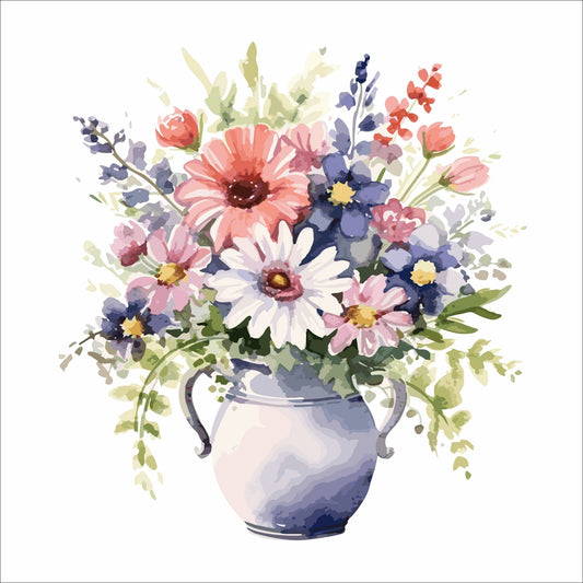 Vår "Blomster i vase" plakat og lerret er kunstnerisk utformet med grafiske illustrasjoner i akvarell, som skildrer en fargerik blomsterbukett i vase.  