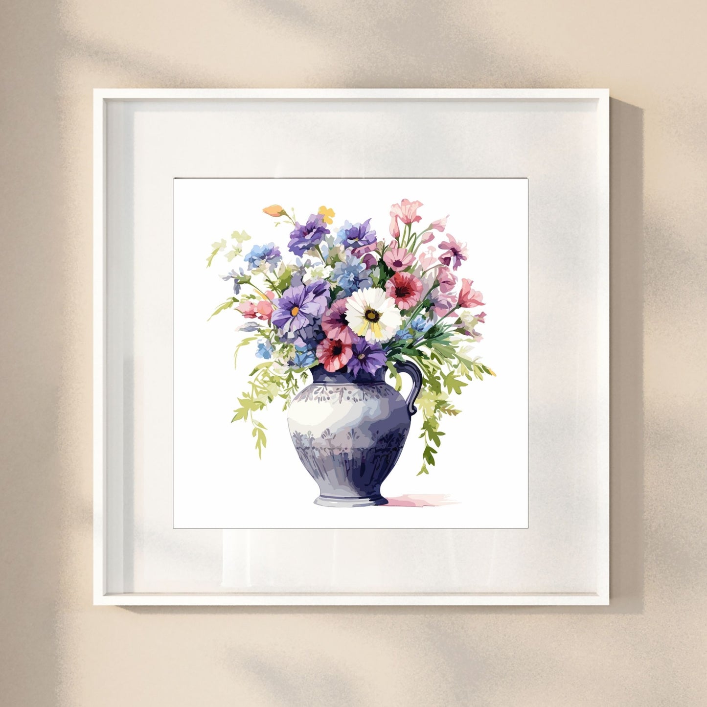 Vår "Blomster i vase" plakat og lerret er kunstnerisk utformet med grafiske illustrasjoner i akvarell, som skildrer en fargerik blomsterbukett i vase.  Illustrasjonen viser motivet som plakat i en hvit ramme.