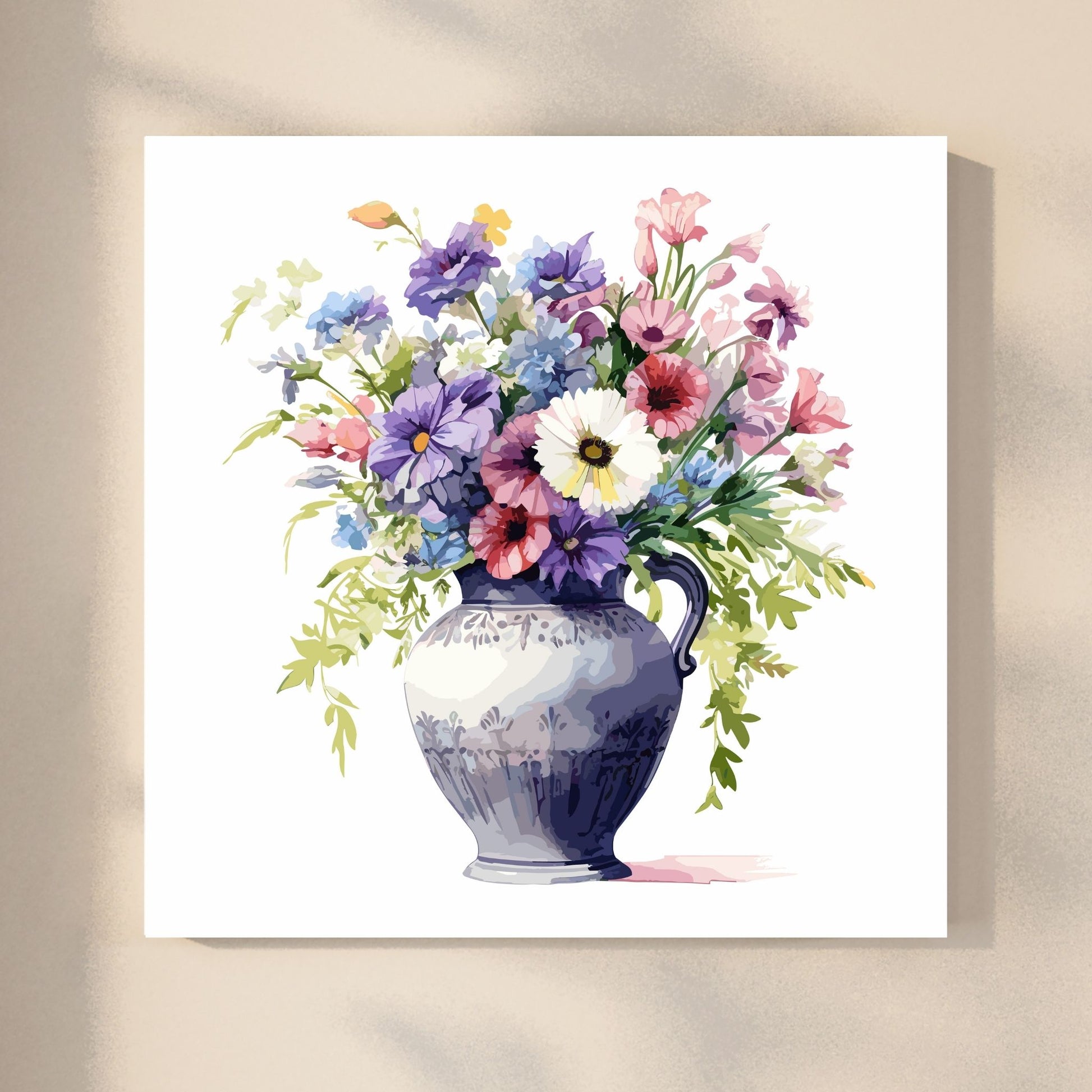 Vår "Blomster i vase" plakat og lerret er kunstnerisk utformet med grafiske illustrasjoner i akvarell, som skildrer en fargerik blomsterbukett i vase.  Illustrasjonen viser motivet på lerret.