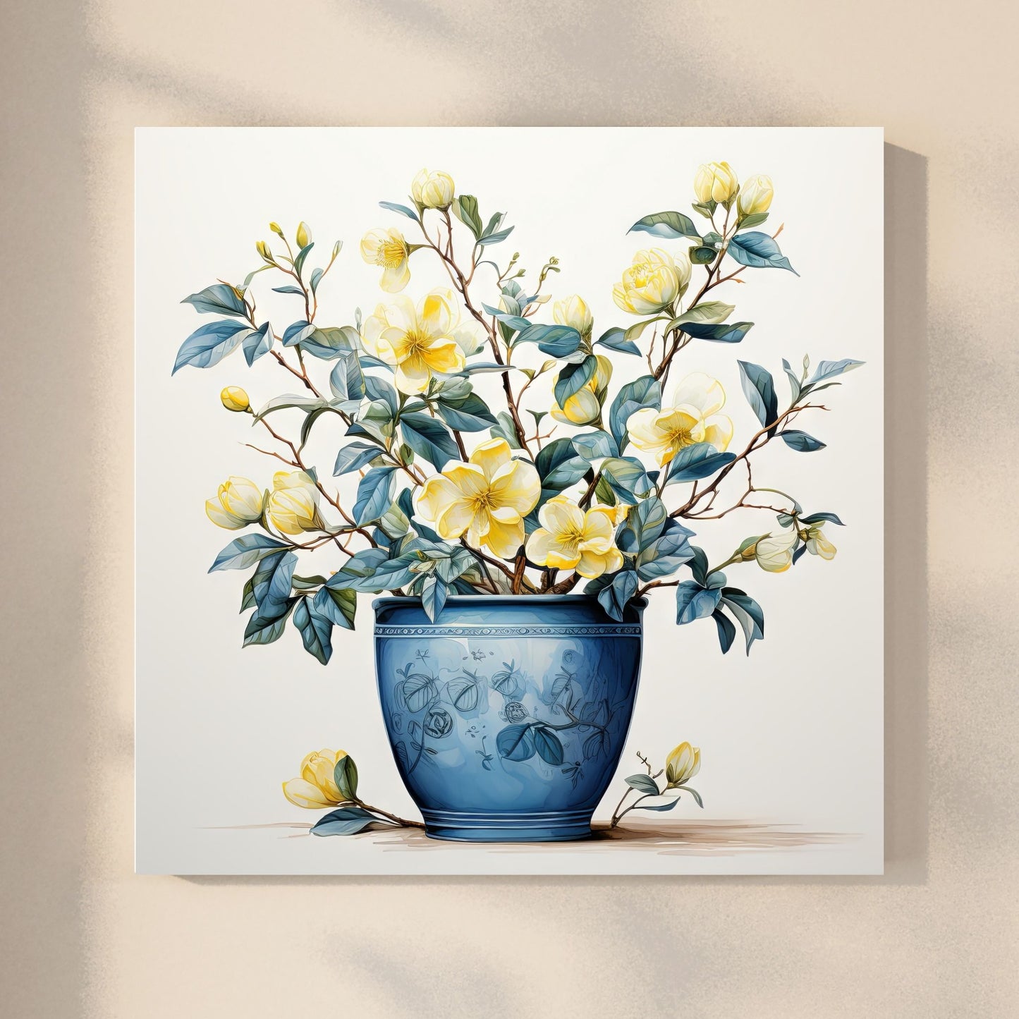 Våre "Blomster i Gult" plakat og lerret er vakkert designet med grafiske illustrasjoner i akvarell, som fremhever botaniske motiv av planter og blomster i nyanser av gult.  Illustrasjonen viser motivet på lerret.