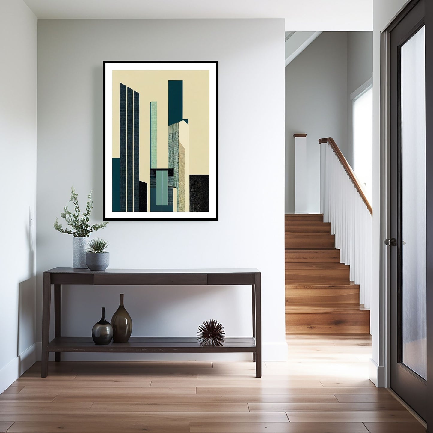 Oppdag den tidløse estetikken med Bauhaus Geometric Art – en moderne tolkning av arkitektoniske former, geometriske mønstre og abstrakte komposisjoner. Illustrasjon viser motivet som plakat med hvit kant i sort ramme.