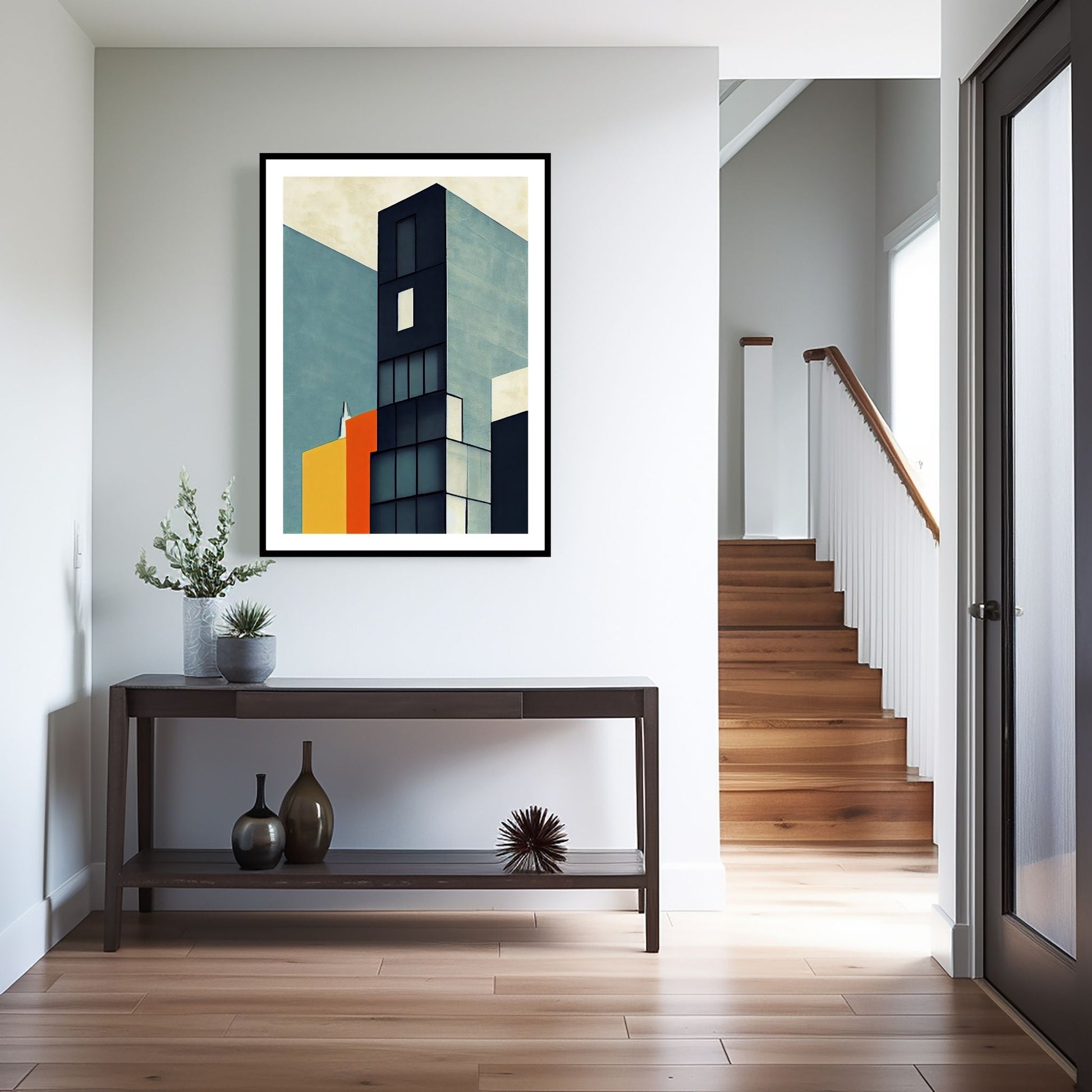 Oppdag den tidløse estetikken med Bauhaus Geometric Art – en moderne tolkning av arkitektoniske former, geometriske mønstre og abstrakte komposisjoner. Illustrasjon viser motivet som plakat med hvit kant i sort ramme.