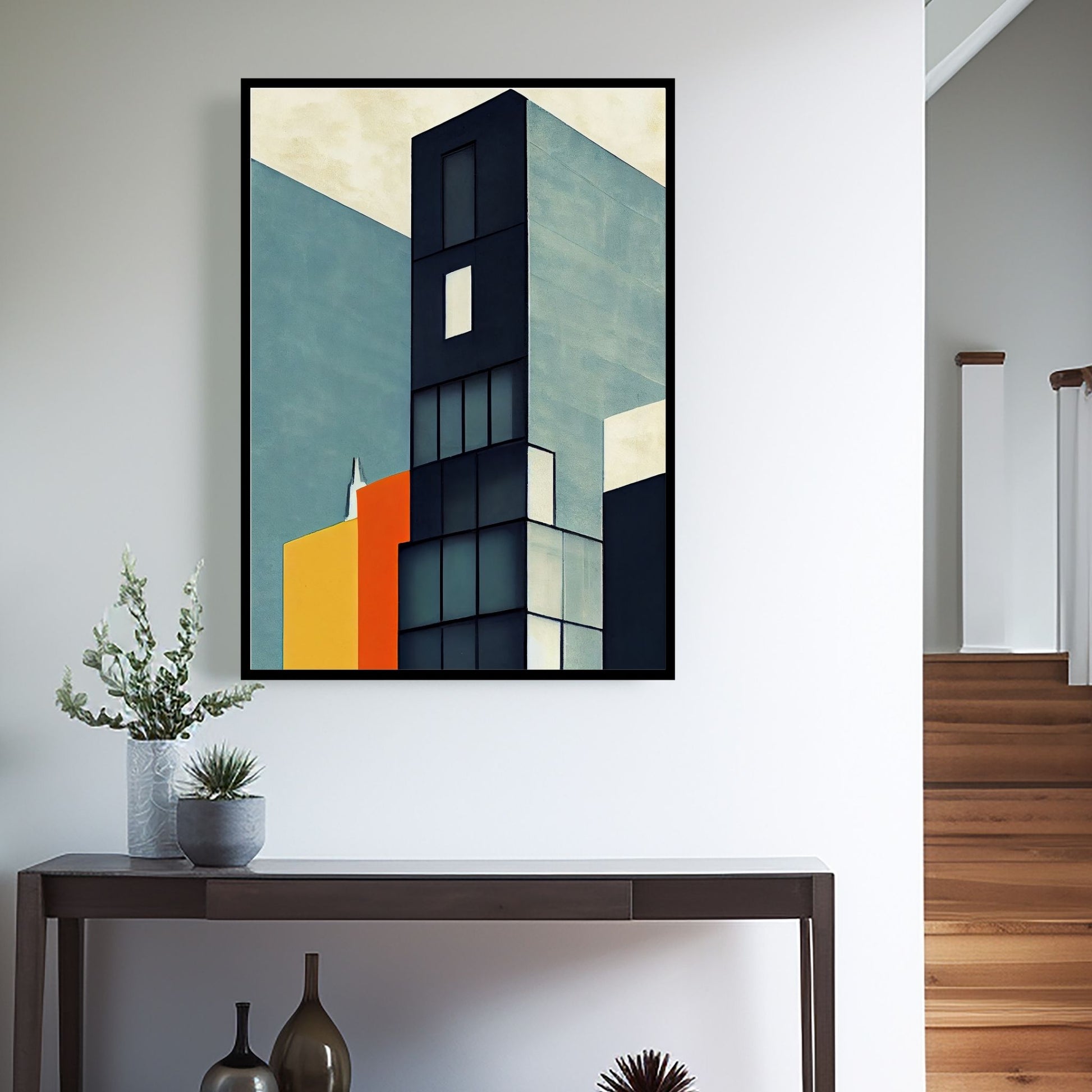 Oppdag den tidløse estetikken med Bauhaus Geometric Art – en moderne tolkning av arkitektoniske former, geometriske mønstre og abstrakte komposisjoner. Illustrasjon viser motivet som plakat i sort ramme.