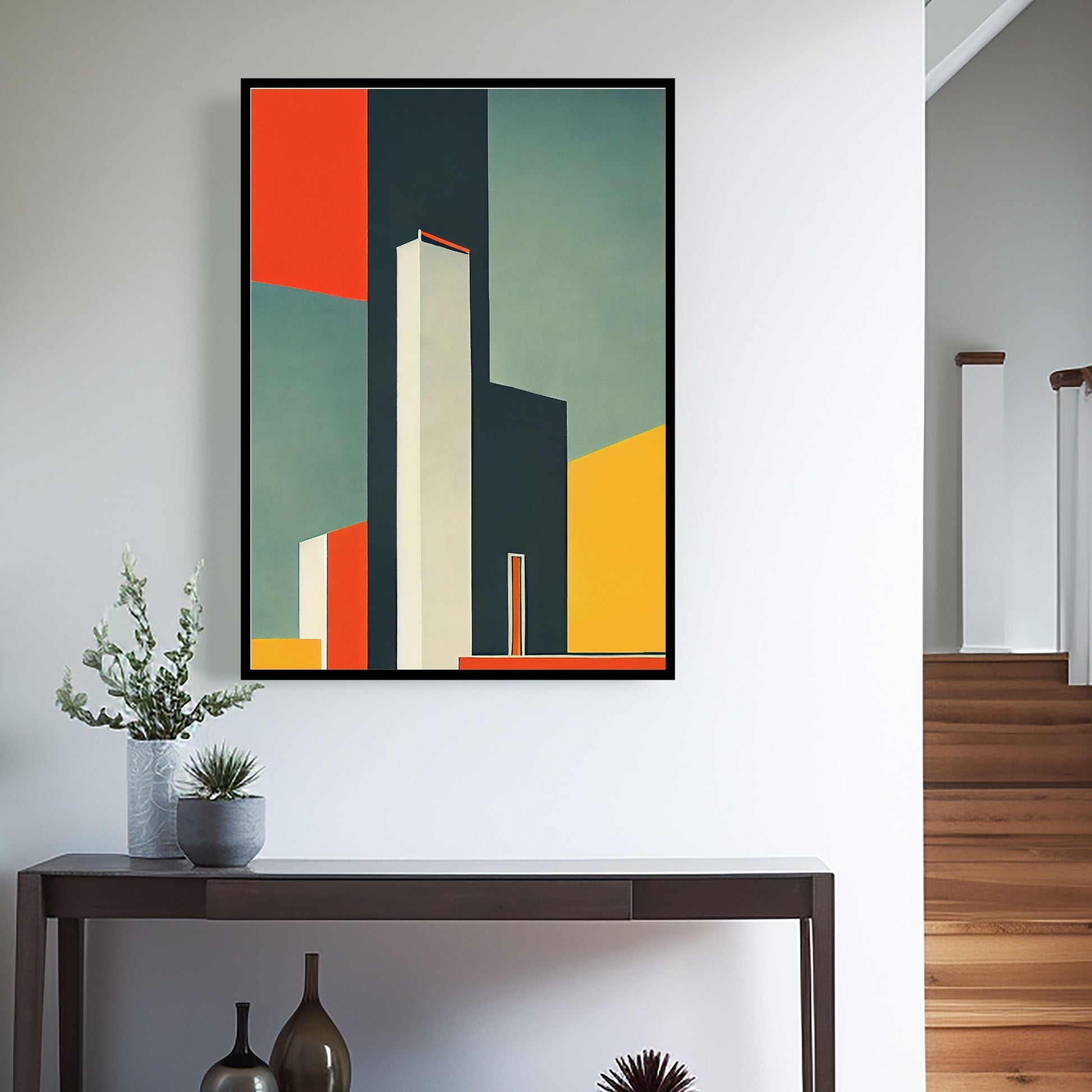 Oppdag den tidløse estetikken med Bauhaus Geometric Art – en moderne tolkning av arkitektoniske former, geometriske mønstre og abstrakte komposisjoner. Illustrasjon viser motivet som plakat i sort ramme.