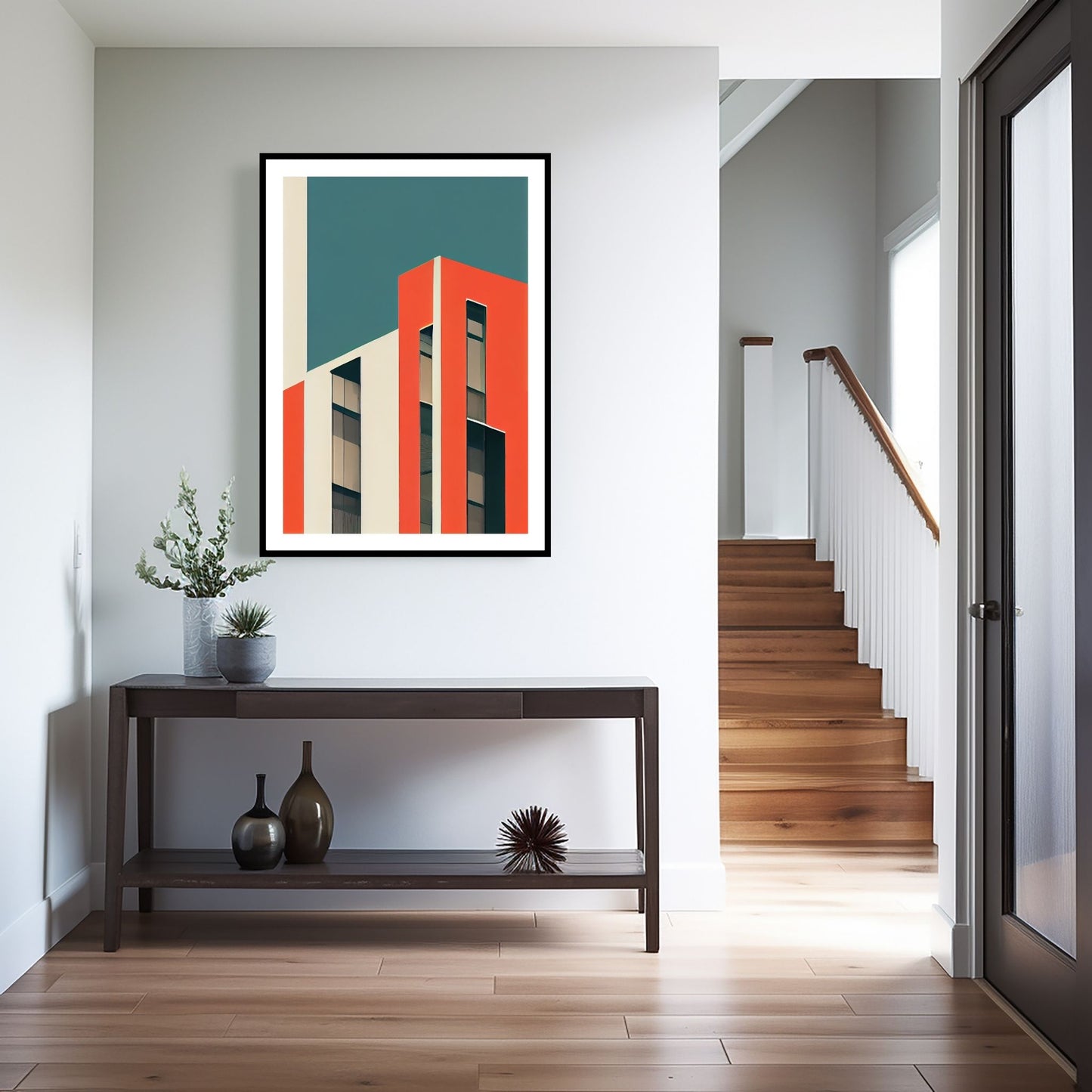 Oppdag den tidløse estetikken med Bauhaus Geometric Art – en moderne tolkning av arkitektoniske former, geometriske mønstre og abstrakte komposisjoner. Illustrasjon viser motivet som plakat med hvit kant i sort ramme.