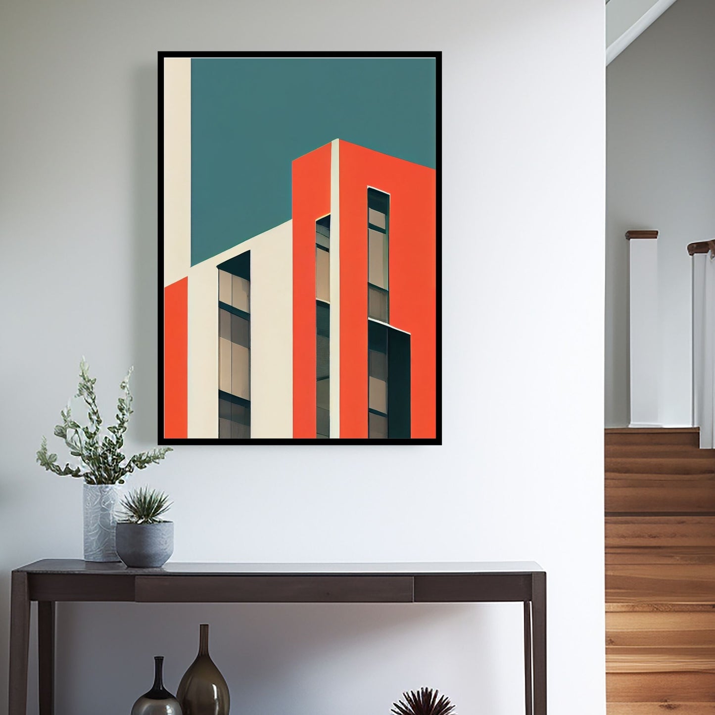 Oppdag den tidløse estetikken med Bauhaus Geometric Art – en moderne tolkning av arkitektoniske former, geometriske mønstre og abstrakte komposisjoner. Illustrasjon viser motivet som plakat i sort ramme.