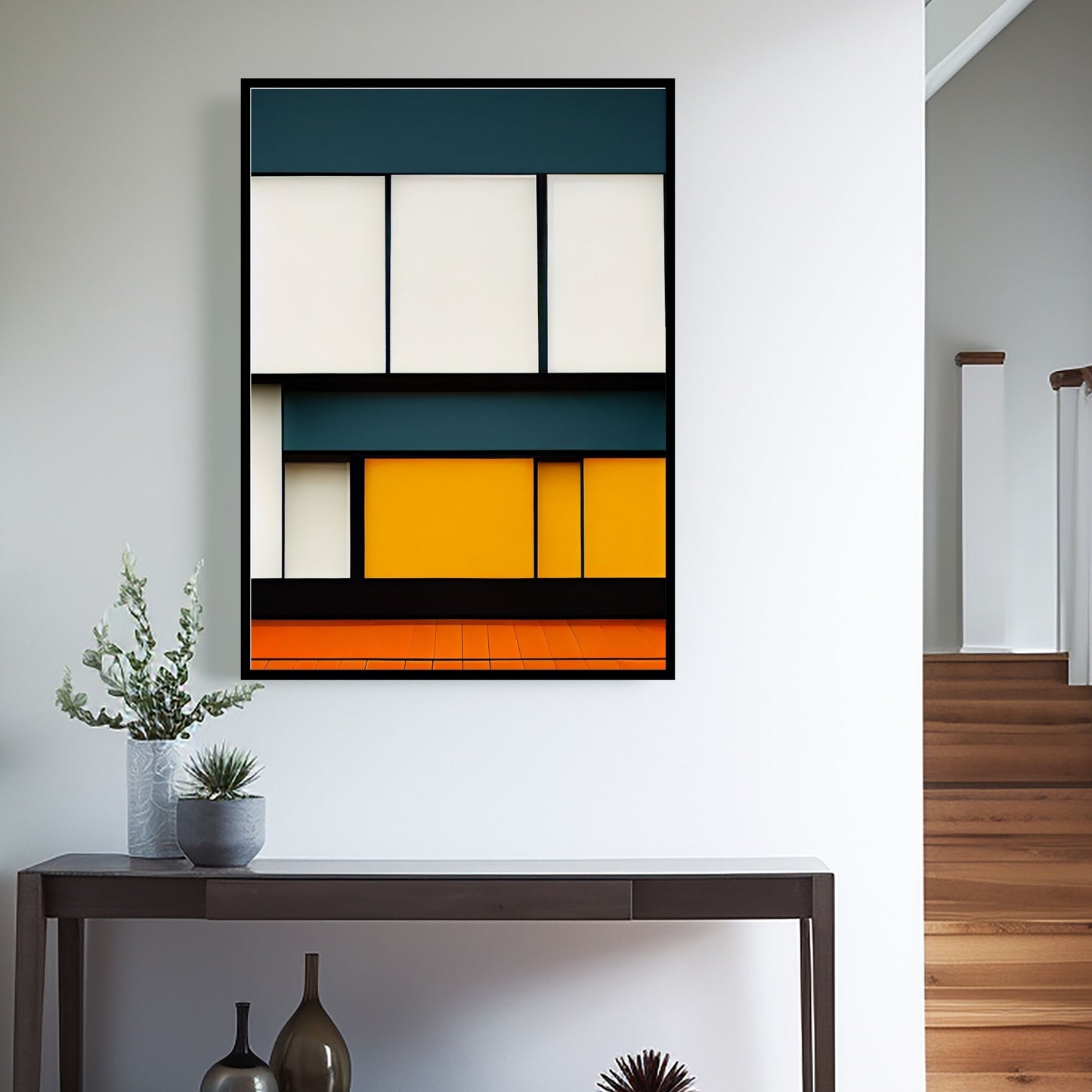 Oppdag den tidløse estetikken med Bauhaus Geometric Art – en moderne tolkning av arkitektoniske former, geometriske mønstre og abstrakte komposisjoner. Illustrasjon viser motivet som plakat i sort ramme.