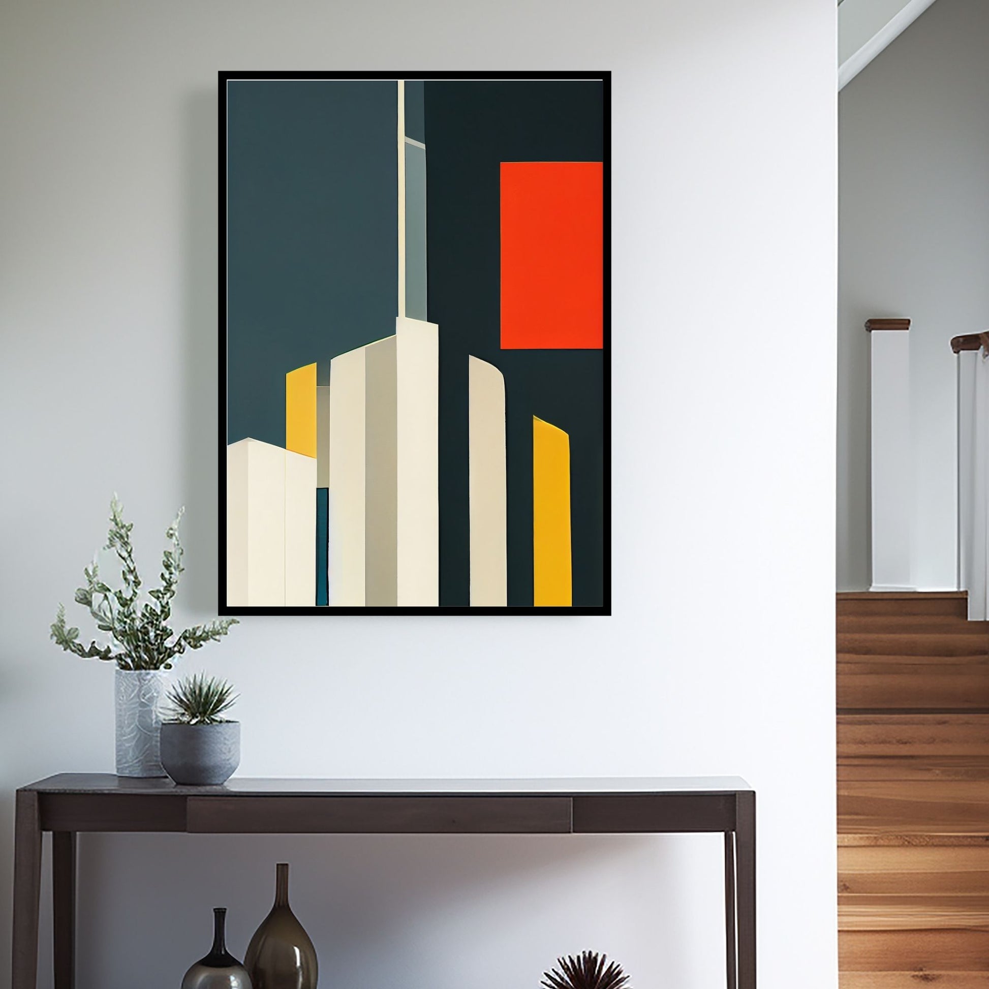 Oppdag den tidløse estetikken med Bauhaus Geometric Art – en moderne tolkning av arkitektoniske former, geometriske mønstre og abstrakte komposisjoner. Illustrasjon viser motivet som plakat i sort ramme.