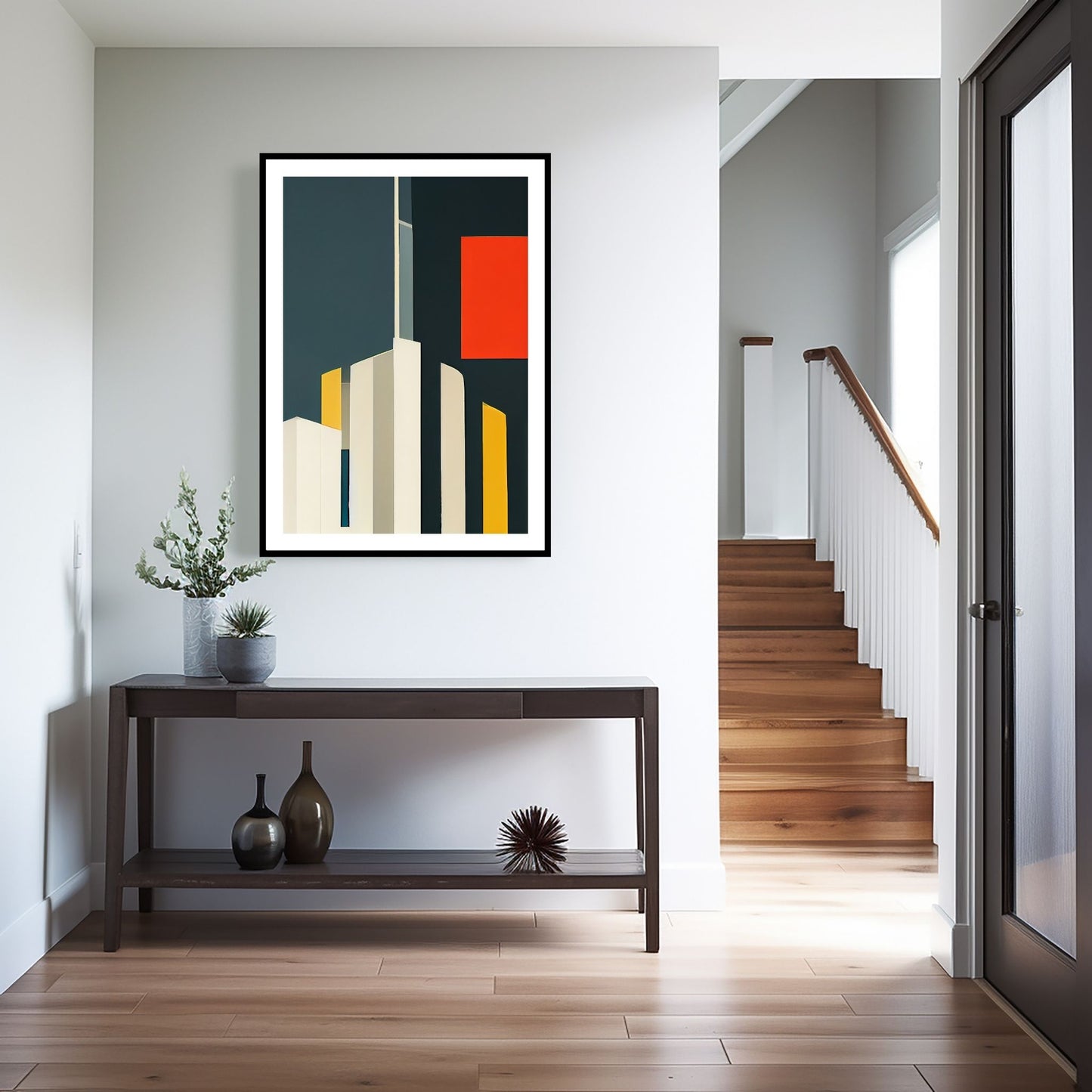 Oppdag den tidløse estetikken med Bauhaus Geometric Art – en moderne tolkning av arkitektoniske former, geometriske mønstre og abstrakte komposisjoner. Illustrasjon viser motivet som plakat med hvit kant i sort ramme.