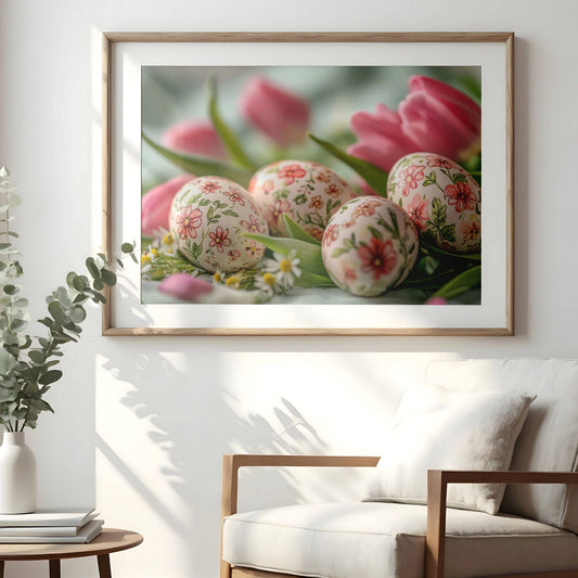  Dette nydelige motivet viser hånddekorerte påskeegg med vakre blomsterdetaljer, omgitt av delikate rosa tulipaner og markblomster. Illustrasjon viser plakat med passapartout i eik ramme.