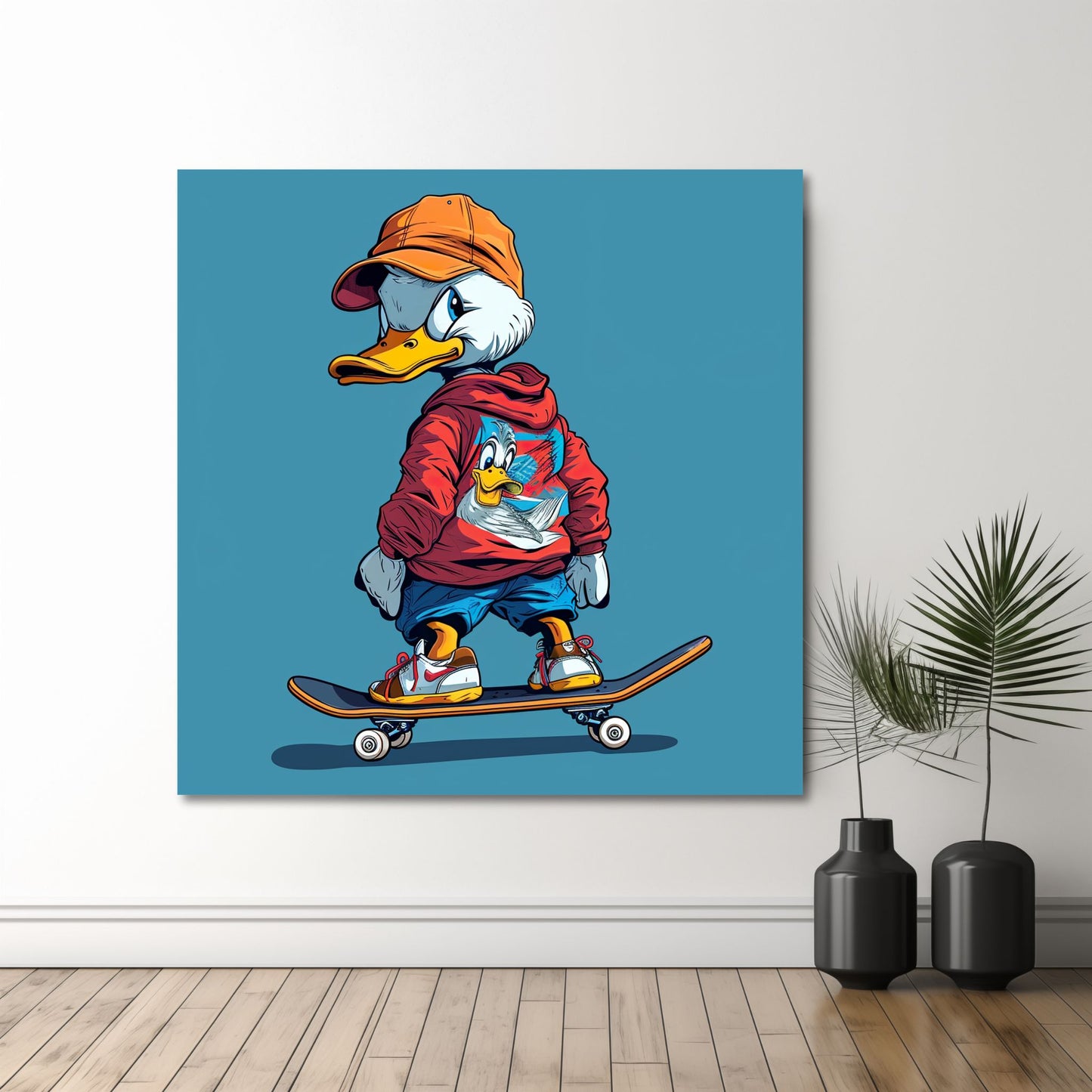 En morsom og fargerik grafisk illustrasjon som viser en kul and i cartoon stil som står på skateboard. Illustrasjonsfoto viser motivet på lerret.