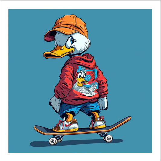 En morsom og fargerik grafisk illustrasjon som viser en kul and i cartoon stil som står på skateboard.