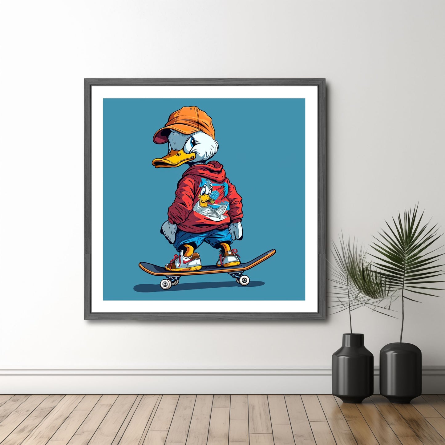 En morsom og fargerik grafisk illustrasjon som viser en kul and i cartoon stil som står på skateboard. Illustrasjonsfoto viser motivet som plakat i mørk ramme.