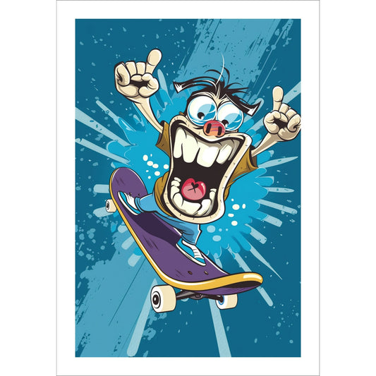 Denne grafiske illustrasjonen viser en livlig cartoon figur som står på skateboard, med en dynamisk bakgrunn som spruter av blåfarger.