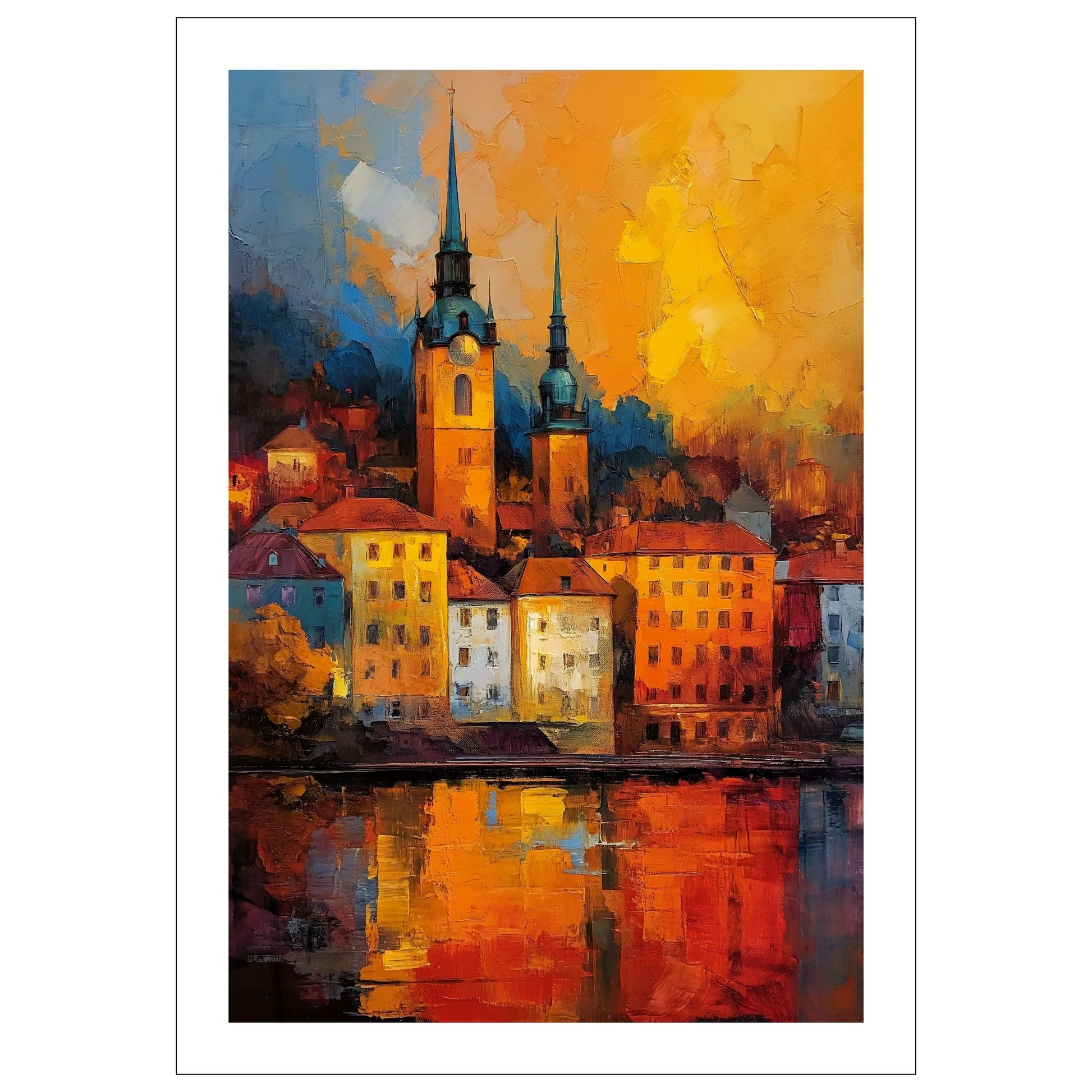 Grafisk oljemaleri av en pittoresk by ved vannet, hvor to majestetiske kirketårn ruver opp mot horisonten. Byen som bader i farger av kveldssolen, skaper et malerisk bilde av ro og skjønnhet.
