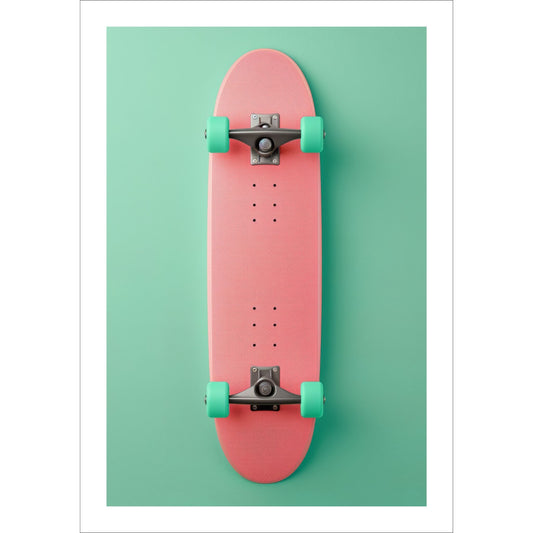 Denne stilfulle plakaten og lerretet bringer moderne kunst til liv med sitt grafiske design. Motivet viser undersiden av en rosa skateboard med grønne hjul, mot en lys grå bakgrunn.