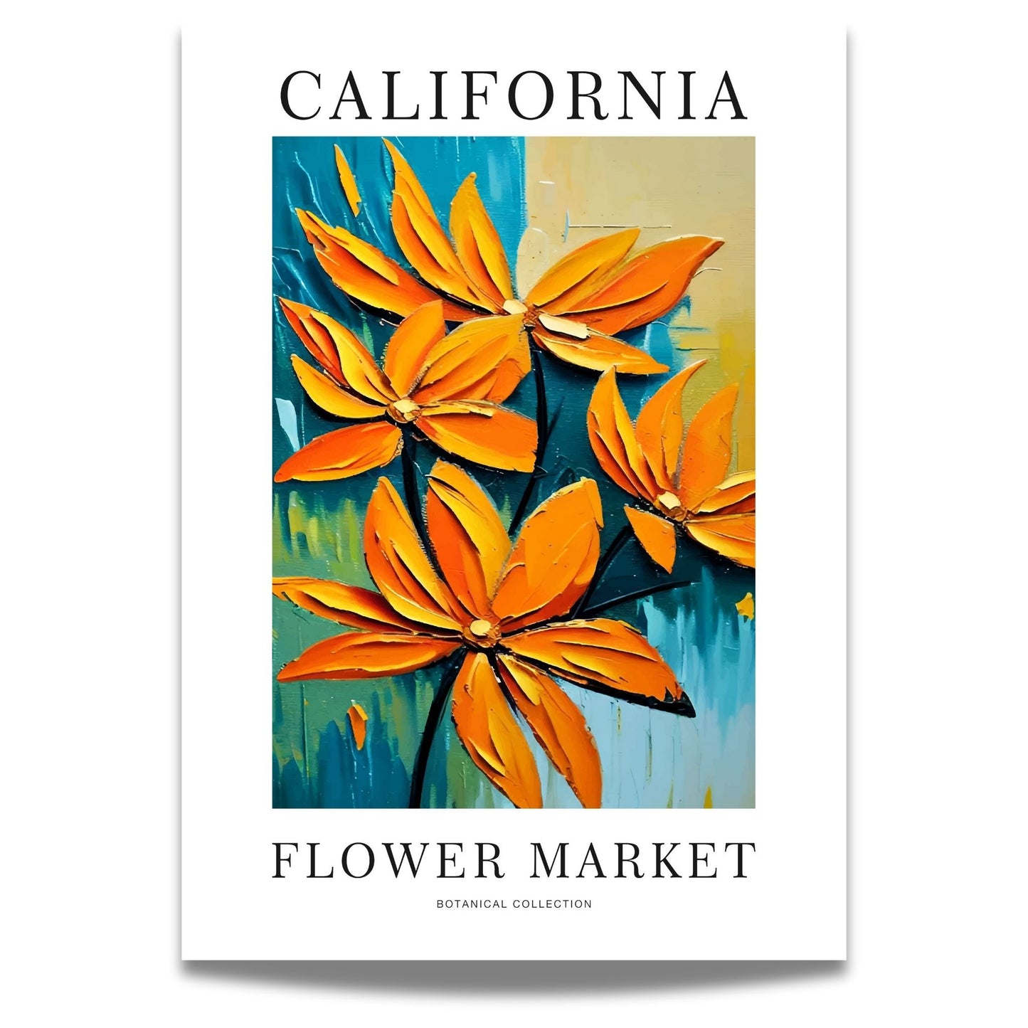 Denne livlige plakaten er preget av lyse oransje blomster i en moderne og kunstnerisk stil, inspirert av Californias ikoniske blomsterenger og varme atmosfære