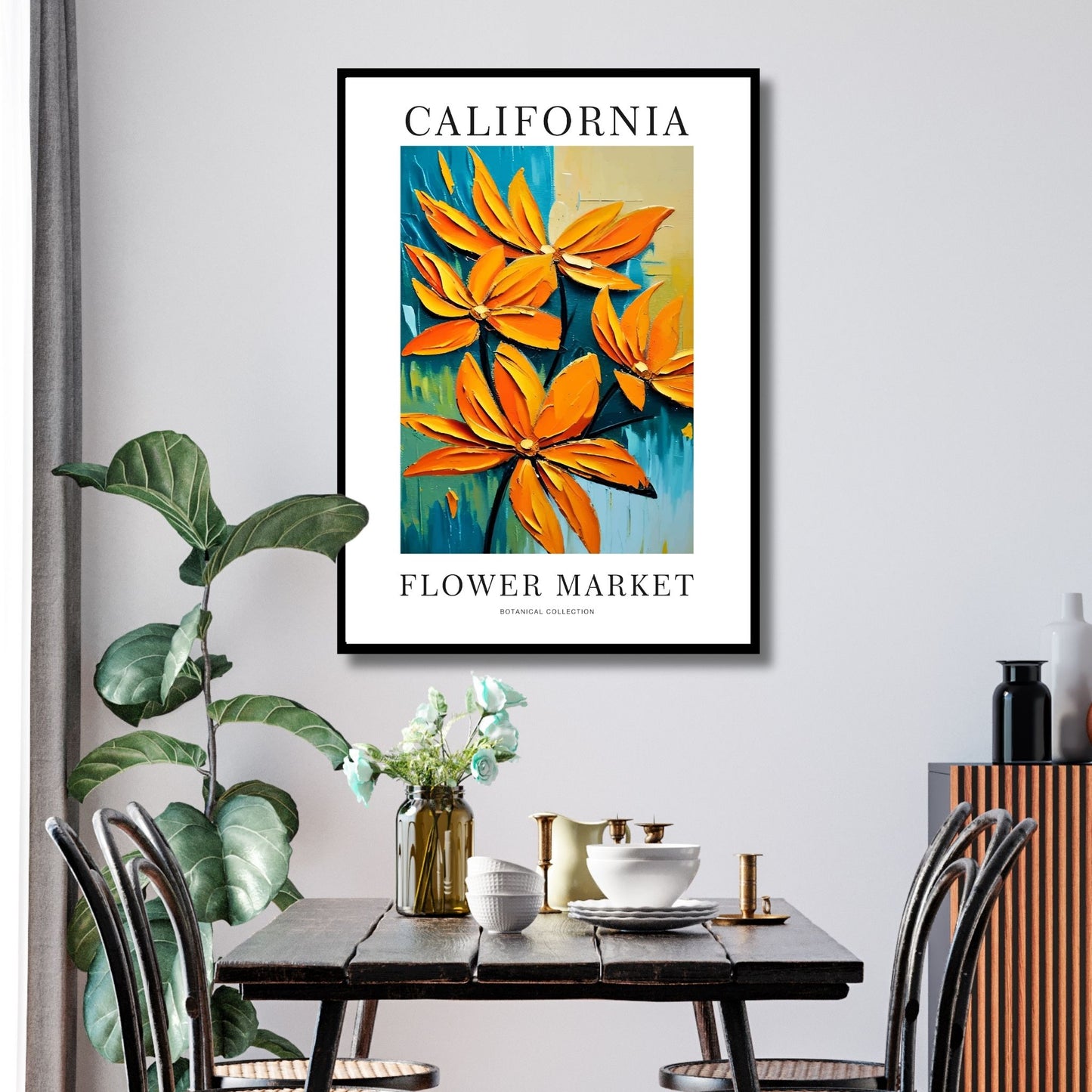 Denne livlige plakaten er preget av lyse oransje blomster i en moderne og kunstnerisk stil, inspirert av Californias ikoniske blomsterenger og varme atmosfære. Illustrasjon viser plakat i sort ramme.