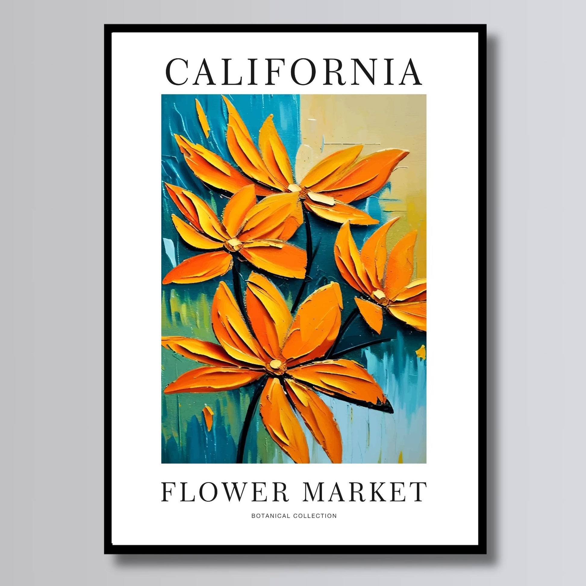 Denne livlige plakaten er preget av lyse oransje blomster i en moderne og kunstnerisk stil, inspirert av Californias ikoniske blomsterenger og varme atmosfære. Illustrasjon viser plakat i sort ramme.