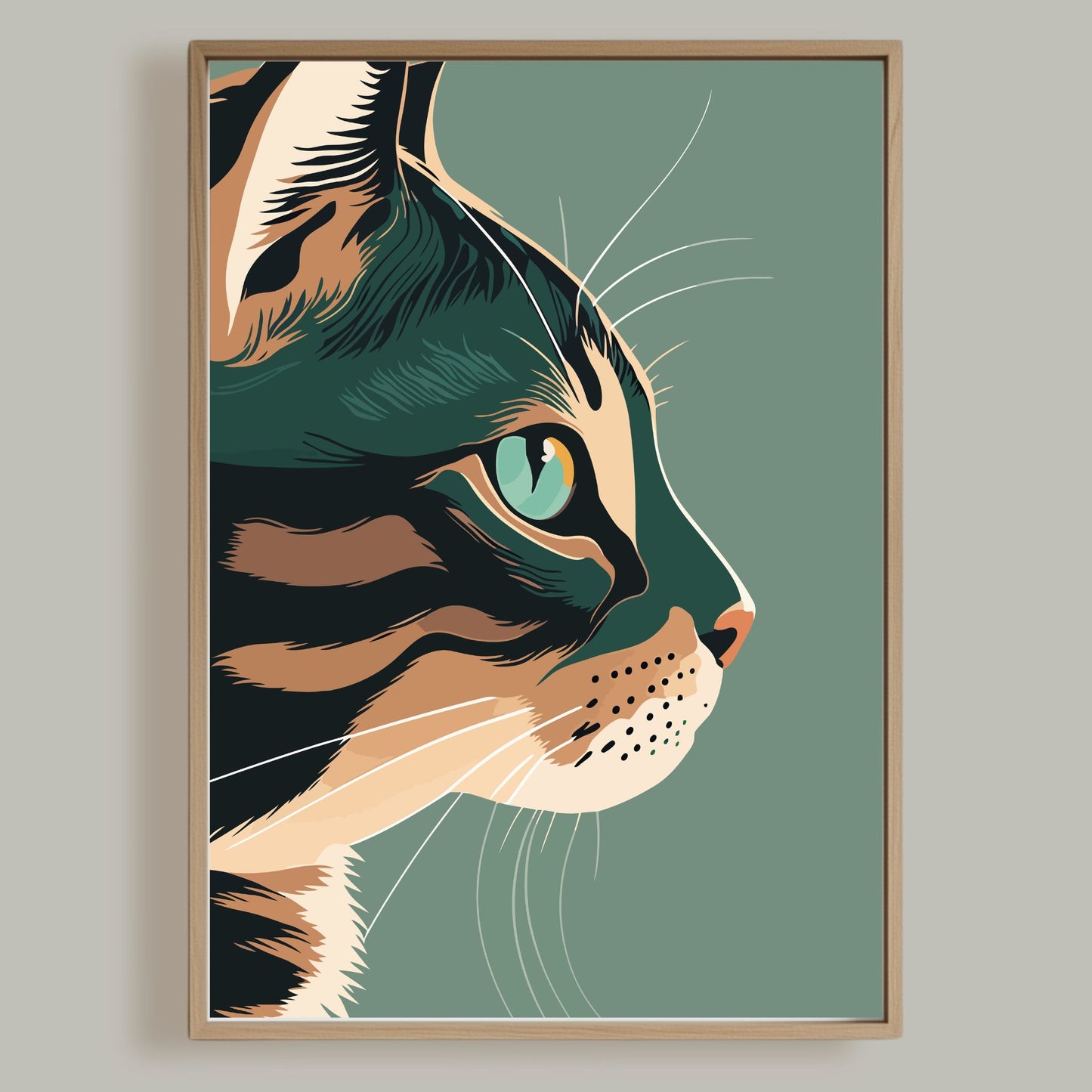 Denne kunstneriske illustrasjonen viser en tigerstripet katt i profil, med intense blågrønne øyne og vakre kontraster mellom varme jordtoner og dype skygger. Illustrasjonen viser plakat i eik ramme.