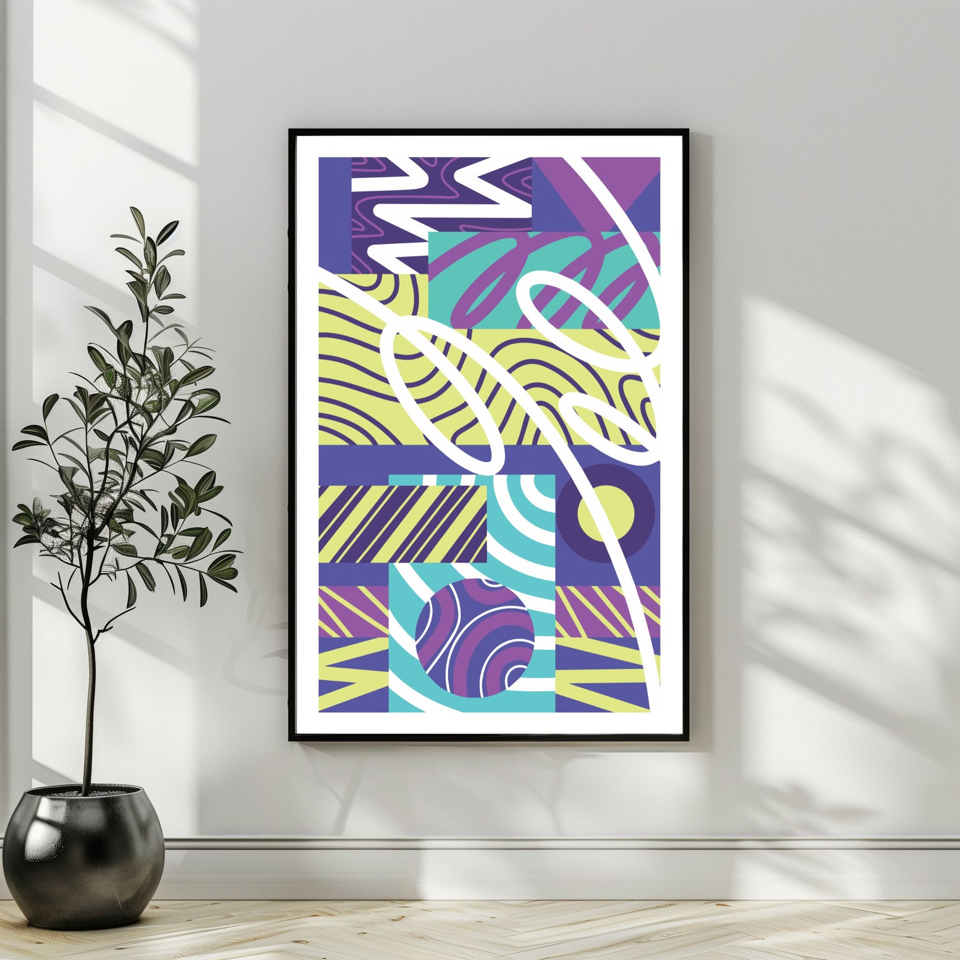 "Experimental Art" – Grafisk serie designet for å fange øyets. Med nyanser av lilla, mint, blått og hvitt, tilbyr denne serien en frisk og dynamisk estetikk som passer perfekt inn i moderne innredningsstiler. Illustrasjonsbilde som viser motivet som plakat i sort ramme.