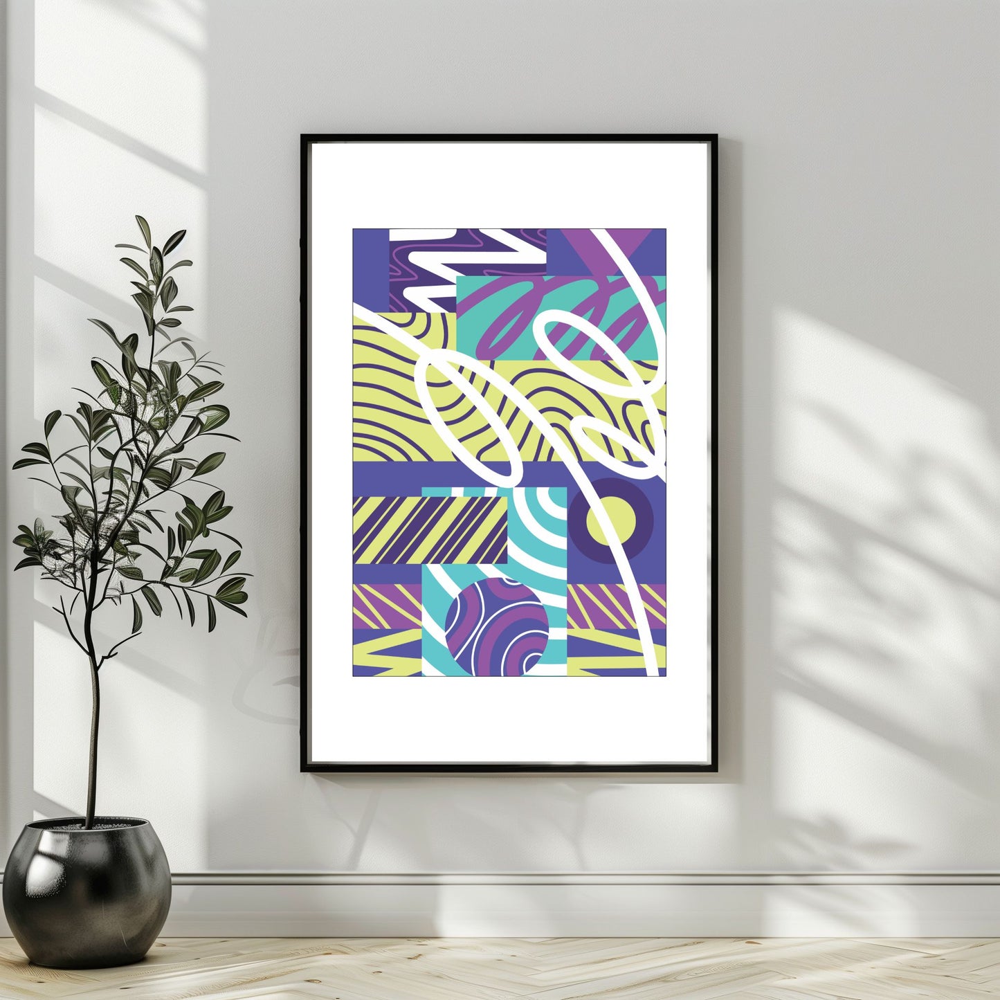 "Experimental Art" – Grafisk serie designet for å fange øyets. Med nyanser av lilla, mint, blått og hvitt, tilbyr denne serien en frisk og dynamisk estetikk som passer perfekt inn i moderne innredningsstiler. Illustrasjonsbilde som viser motivet som plakat i sort ramme.