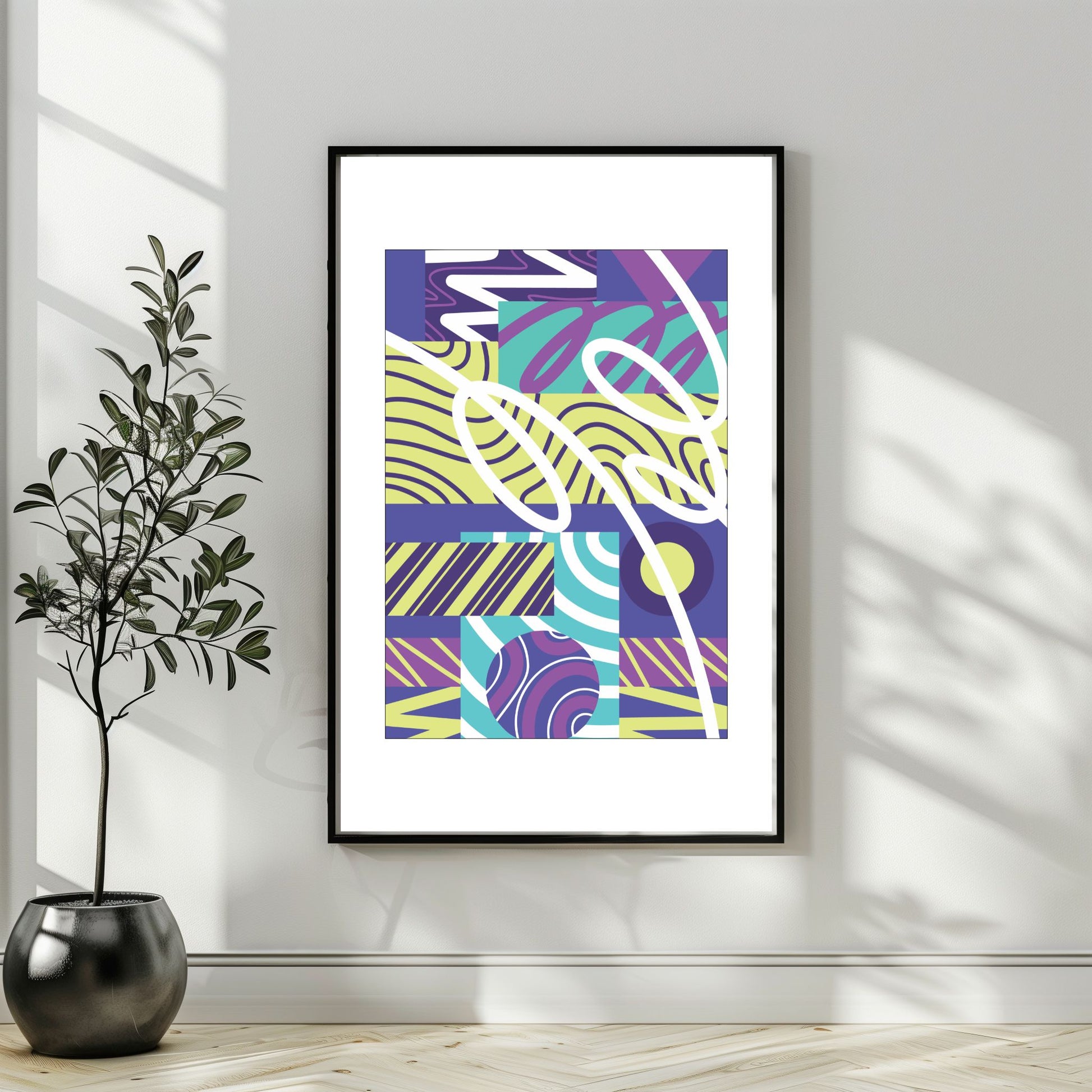 "Experimental Art" – Grafisk serie designet for å fange øyets. Med nyanser av lilla, mint, blått og hvitt, tilbyr denne serien en frisk og dynamisk estetikk som passer perfekt inn i moderne innredningsstiler. Illustrasjonsbilde som viser motivet som plakat i sort ramme.