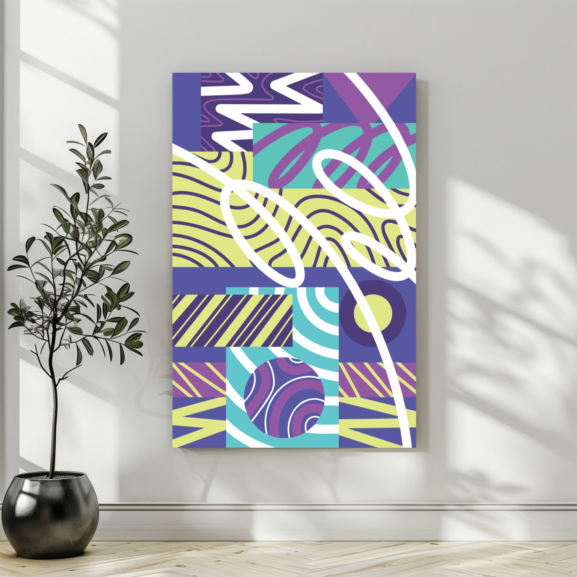 "Experimental Art" – Grafisk serie designet for å fange øyets. Med nyanser av lilla, mint, blått og hvitt, tilbyr denne serien en frisk og dynamisk estetikk som passer perfekt inn i moderne innredningsstiler. Illustrasjonsbilde som viser motivet på lerret.