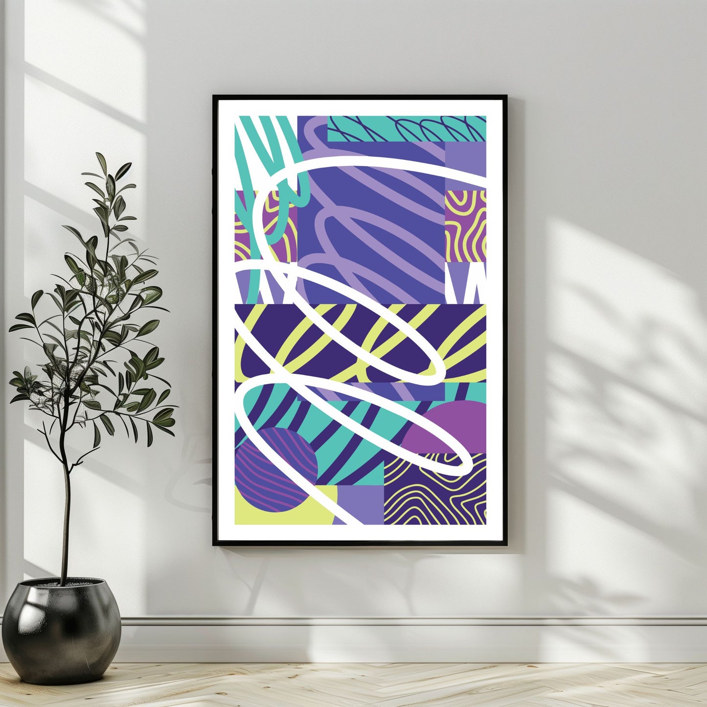 "Experimental Art" – Grafisk serie designet for å fange øyets. Med nyanser av lilla, mint, blått og hvitt, tilbyr denne serien en frisk og dynamisk estetikk som passer perfekt inn i moderne innredningsstiler. Illustrasjonsbilde som viser motivet som plakat i sort ramme.