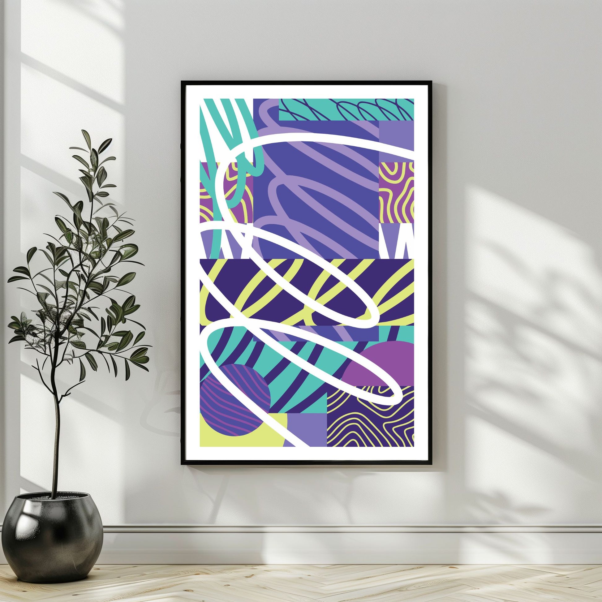 "Experimental Art" – Grafisk serie designet for å fange øyets. Med nyanser av lilla, mint, blått og hvitt, tilbyr denne serien en frisk og dynamisk estetikk som passer perfekt inn i moderne innredningsstiler. Illustrasjonsbilde som viser motivet som plakat i sort ramme.