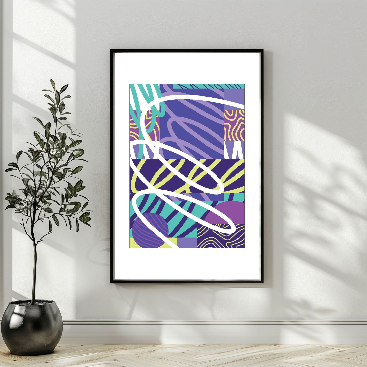 "Experimental Art" – Grafisk serie designet for å fange øyets. Med nyanser av lilla, mint, blått og hvitt, tilbyr denne serien en frisk og dynamisk estetikk som passer perfekt inn i moderne innredningsstiler. Illustrasjonsbilde som viser motivet som plakat i sort ramme.