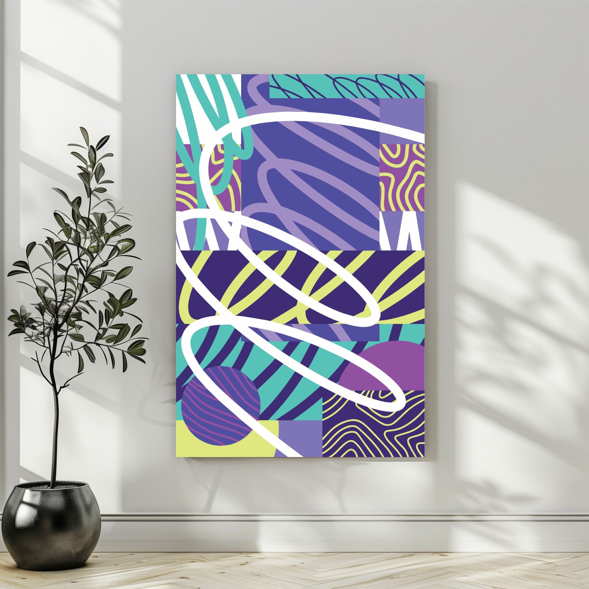 "Experimental Art" – Grafisk serie designet for å fange øyets. Med nyanser av lilla, mint, blått og hvitt, tilbyr denne serien en frisk og dynamisk estetikk som passer perfekt inn i moderne innredningsstiler. Illustrasjonsbilde som viser motivet på lerret.