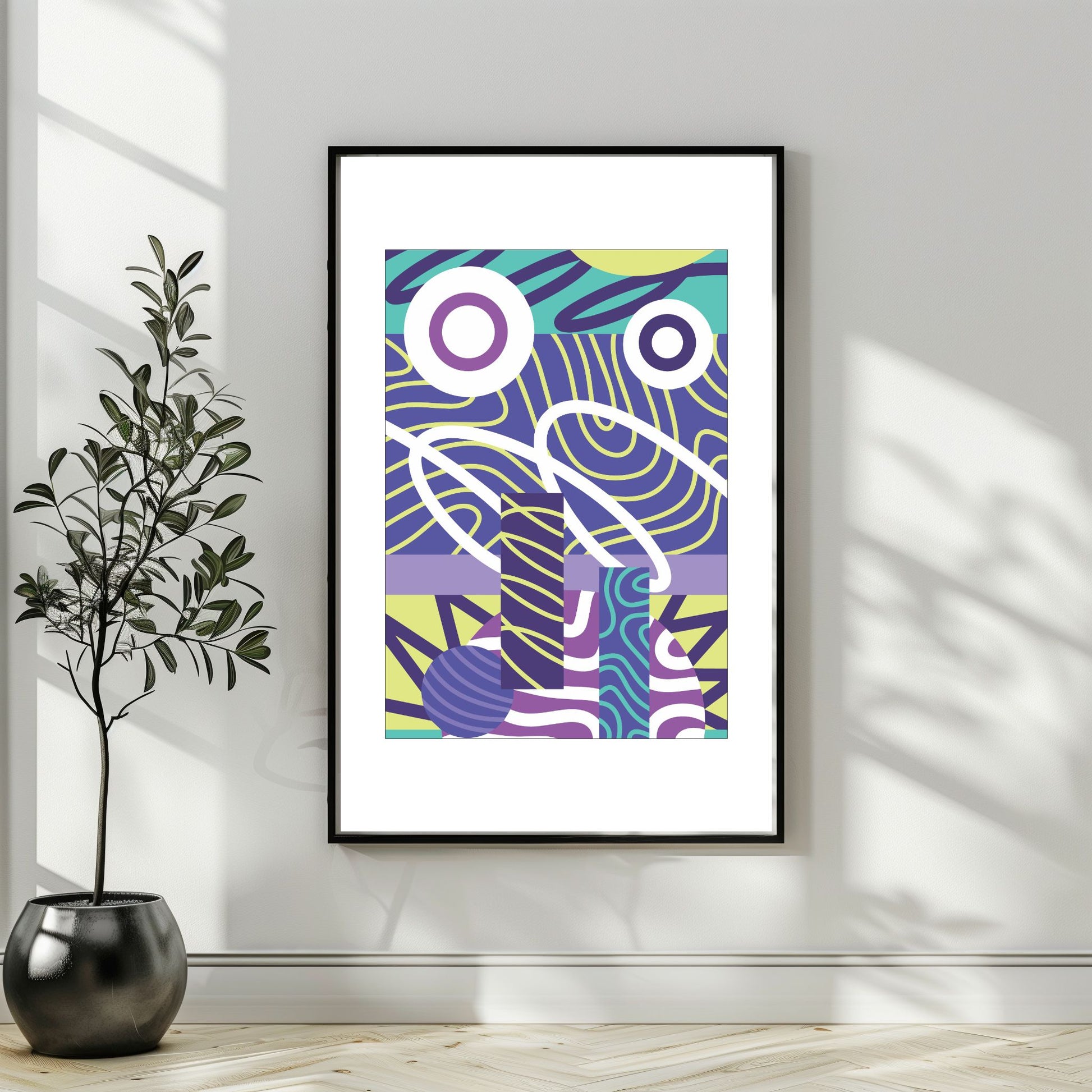 "Experimental Art" – Grafisk serie designet for å fange øyets. Med nyanser av lilla, mint, blått og hvitt, tilbyr denne serien en frisk og dynamisk estetikk som passer perfekt inn i moderne innredningsstiler. Illustrasjonsbilde som viser motivet som plakat i sort ramme.