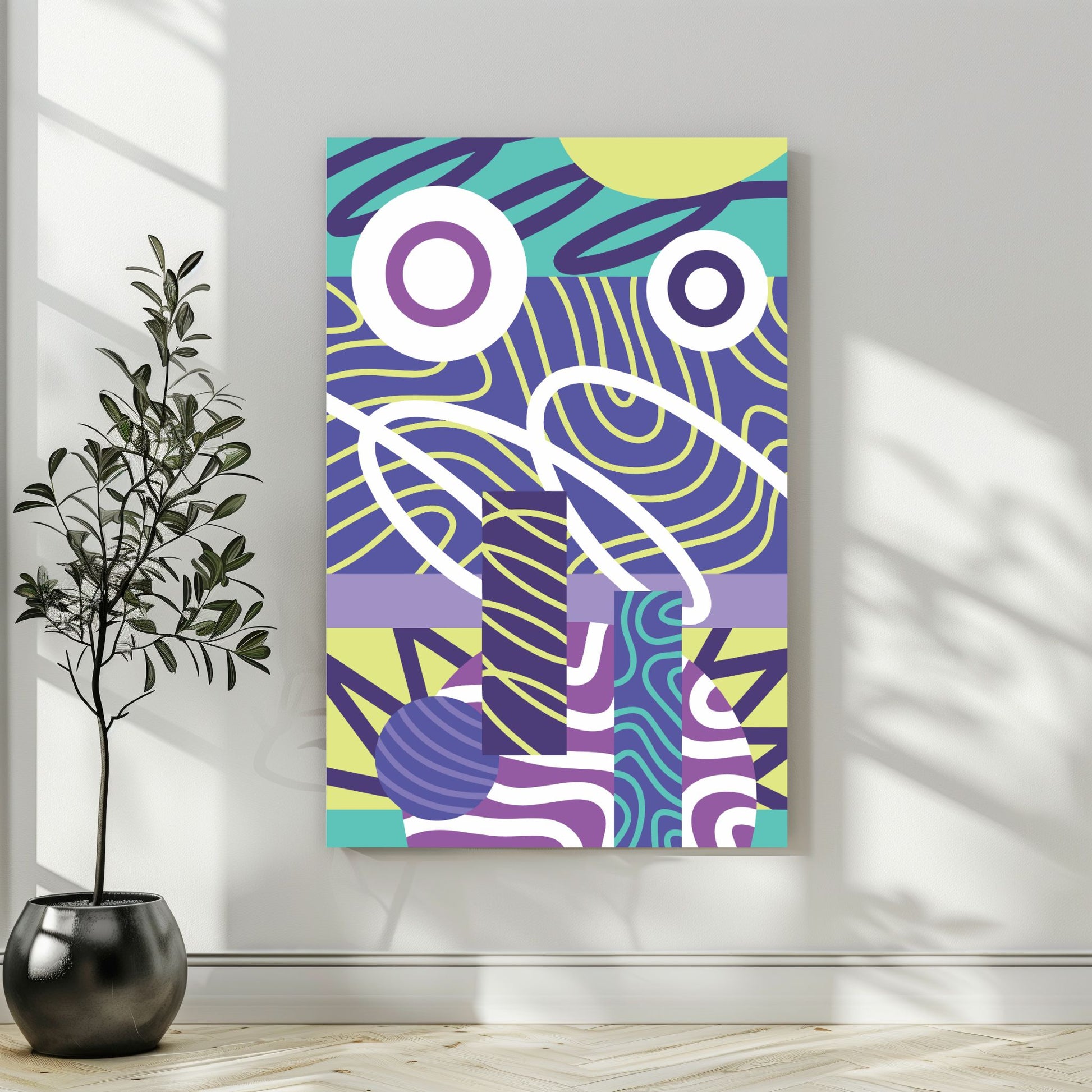 "Experimental Art" – Grafisk serie designet for å fange øyets. Med nyanser av lilla, mint, blått og hvitt, tilbyr denne serien en frisk og dynamisk estetikk som passer perfekt inn i moderne innredningsstiler. Illustrasjonsbilde som viser motivet på lerret.