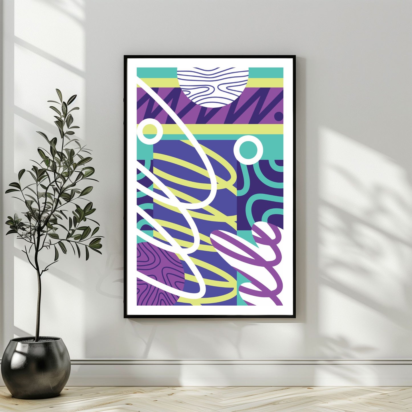 "Experimental Art" – Grafisk serie designet for å fange øyets. Med nyanser av lilla, mint, blått og hvitt, tilbyr denne serien en frisk og dynamisk estetikk som passer perfekt inn i moderne innredningsstiler. Illustrasjonsbilde som viser motivet som plakat i sort ramme.