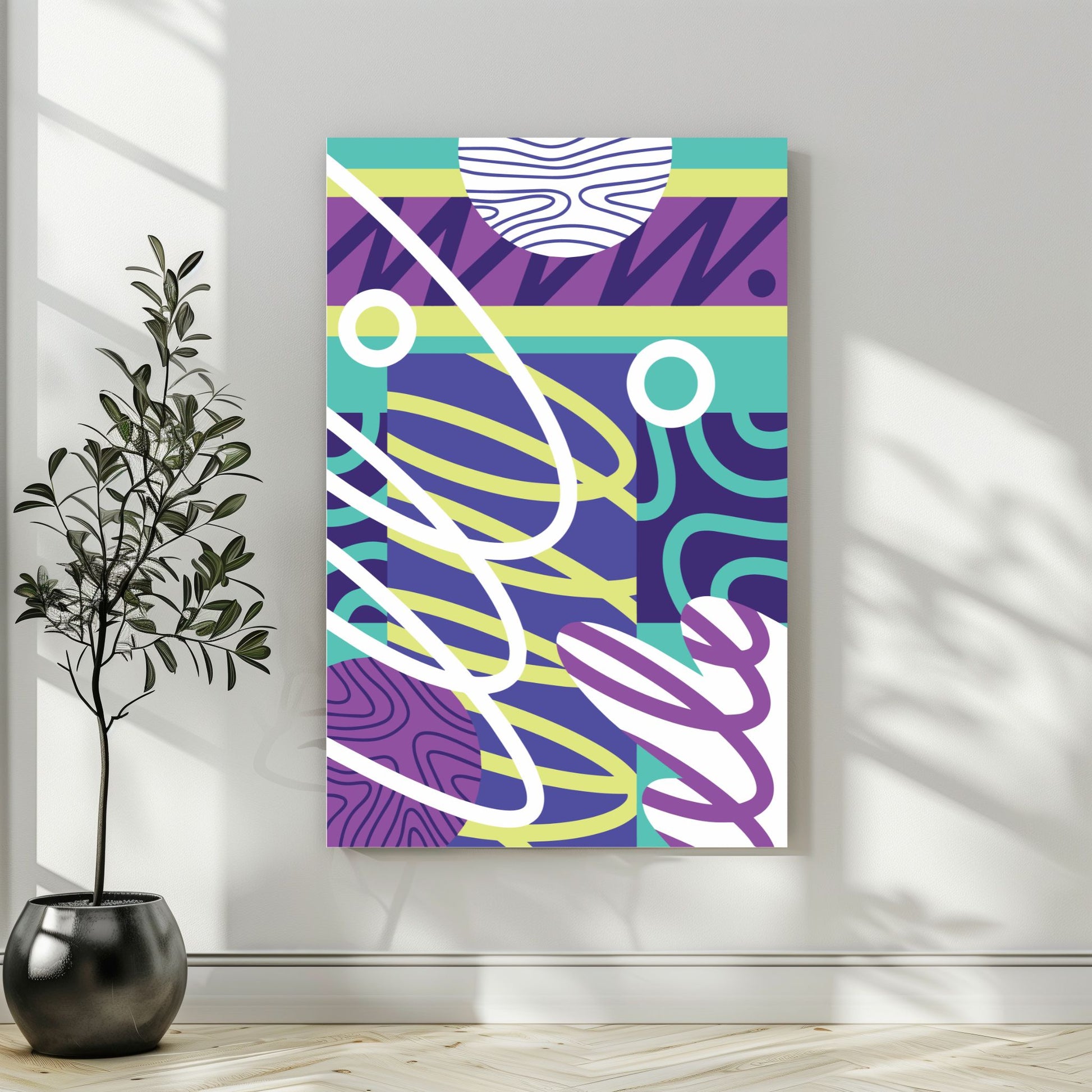 "Experimental Art" – Grafisk serie designet for å fange øyets. Med nyanser av lilla, mint, blått og hvitt, tilbyr denne serien en frisk og dynamisk estetikk som passer perfekt inn i moderne innredningsstiler. Illustrasjonsbilde som viser motivet på lerret.