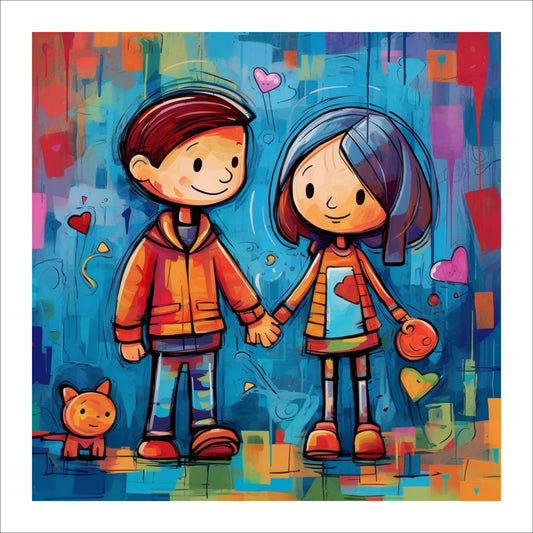 Dette kunstverket fremstiller en gutt og en jente som går hånd i hånd i en levende og fargerik setting mot en klar blå bakgrunn.