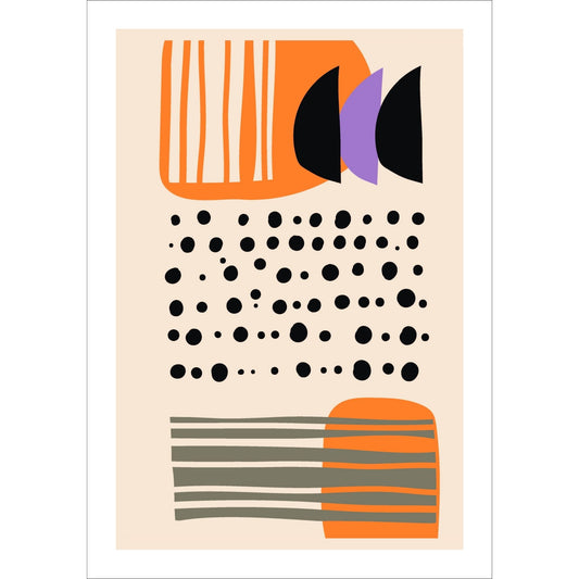 Denne unike kunstverkets visuelle dynamikk er skapt gjennom en intrikat håndtegnet abstrakt stil. Med fargerike kombinasjoner av svart, oransje, lilla og grått, satt mot en dempet oransje bakgrunn.