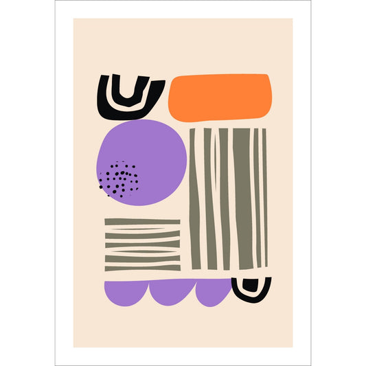 Denne unike kunstverkets visuelle dynamikk er skapt gjennom en intrikat håndtegnet abstrakt stil. Med fargerike kombinasjoner av svart, oransje, lilla og grått, satt mot en dempet oransje bakgrunn. 