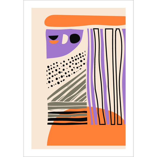 Denne unike kunstverkets visuelle dynamikk er skapt gjennom en intrikat håndtegnet abstrakt stil. Med fargerike kombinasjoner av svart, oransje, lilla og grått, satt mot en dempet oransje bakgrunn.